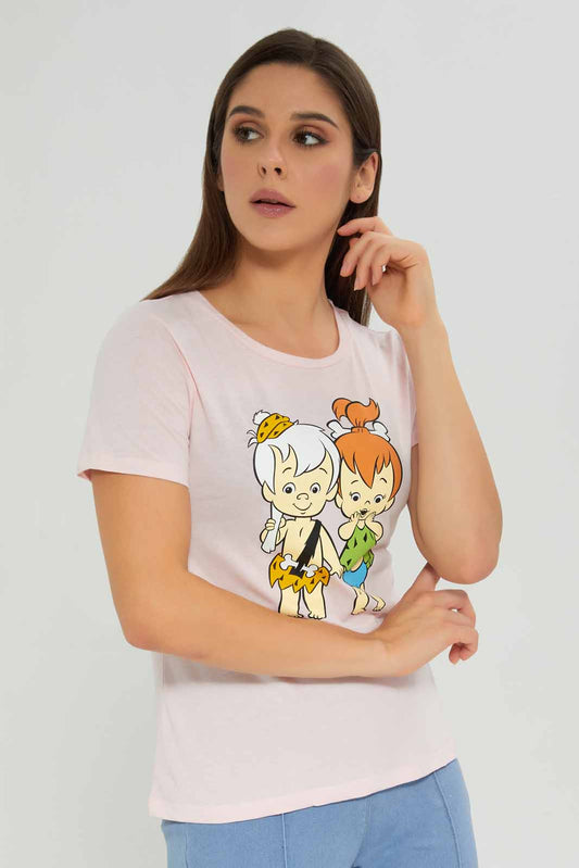 Redtag-Women-Pale-Pink-Flinstone-Printed-T-Shirt-Category:T-Shirts,-Colour:Apricot,-Deals:New-In,-Dept:Ladieswear,-Filter:Women's-Clothing,-New-In-Women-APL,-Non-Sale,-Section:Women,-TBL,-W22A,-Women-T-Shirts-Women's-