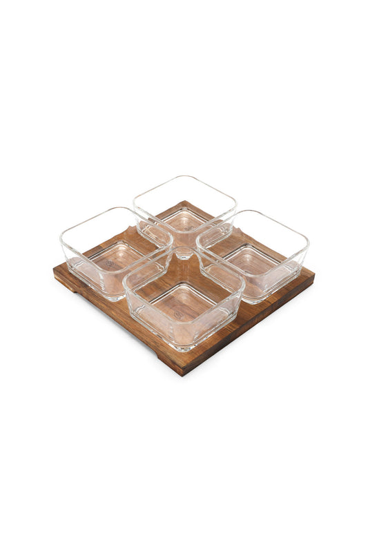 Redtag-Clear-Glass-Square-Bowl-With-Wooden-Tray-(4-Piece)-Category:Bowls,-Colour:White,-Deals:New-In,-Dept:Home,-Filter:Home-Dining,-HMW-DIN-Serveware,-New-In-HMW-DIN,-Non-Sale,-S23A,-Section:Homewares-Home-Dining-