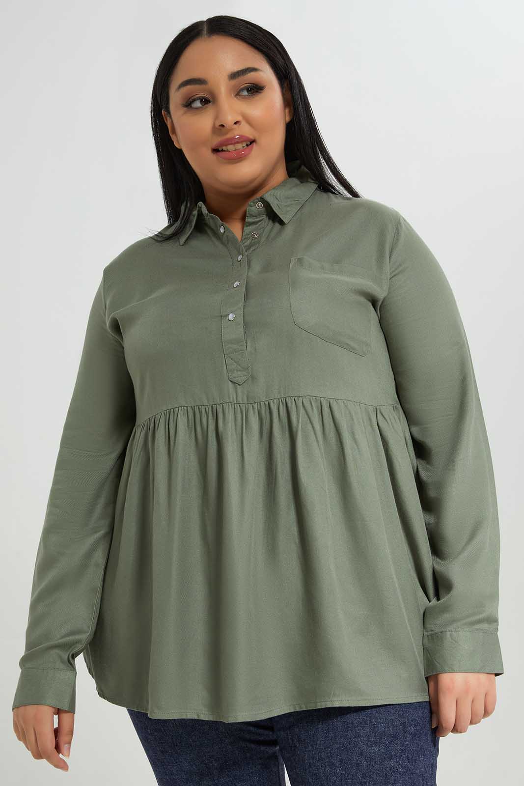 Redtag-Women-Mint-Shirt-Collar-Full-Sleeve-Tunic-Category:Blouses,-Colour:Mint,-Deals:New-In,-Filter:Plus-Size,-LDP-Blouses,-New-In-LDP-APL,-Non-Sale,-Section:Women,-W22B-Women's-
