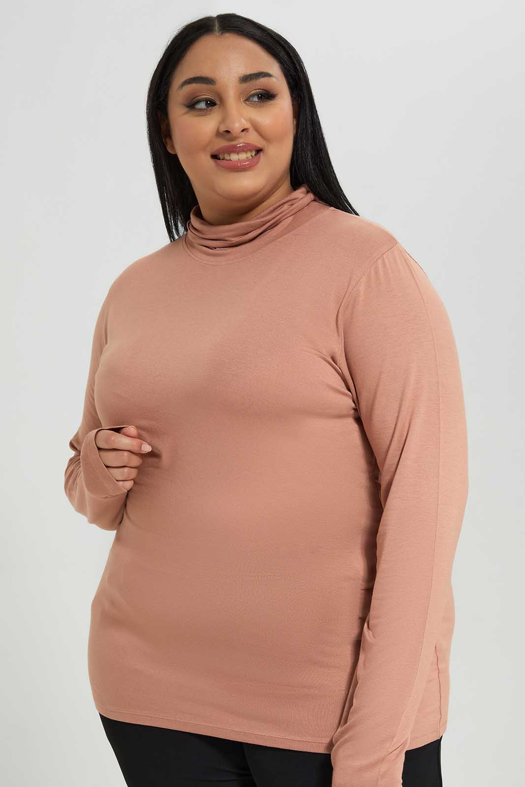 Redtag-Women-Pale-Pink-L-Sleeve-Turtle-Neck-T-Shirt-Category:T-Shirts,-Colour:Apricot,-Deals:New-In,-Filter:Plus-Size,-LDP-T-Shirts,-New-In-LDP-APL,-Non-Sale,-Section:Women,-W22B-Women's-