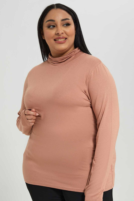 Redtag-Women-Pale-Pink-L-Sleeve-Turtle-Neck-T-Shirt-Category:T-Shirts,-Colour:Apricot,-Deals:New-In,-Filter:Plus-Size,-LDP-T-Shirts,-New-In-LDP-APL,-Non-Sale,-Section:Women,-W22B-Women's-