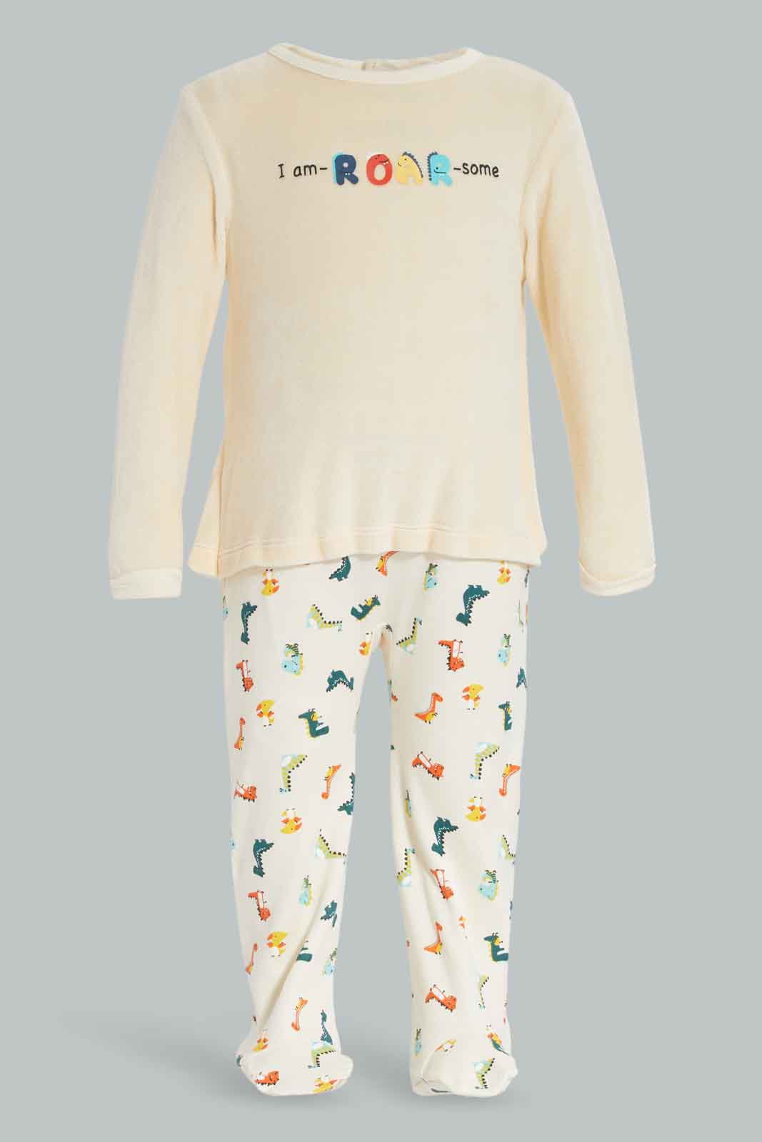 Redtag-Ecru-Mock-2Pc-Velour-Dino-Sleepsuit-Ecru-Category:Sleepsuits,-Colour:Apricot,-Deals:New-In,-Filter:Baby-(0-to-12-Mths),-NBF-Sleepsuits,-New-In-NBF-APL,-Non-Sale,-Section:Boys-(0-to-14Yrs),-W22B-Baby-0 to 12 Months