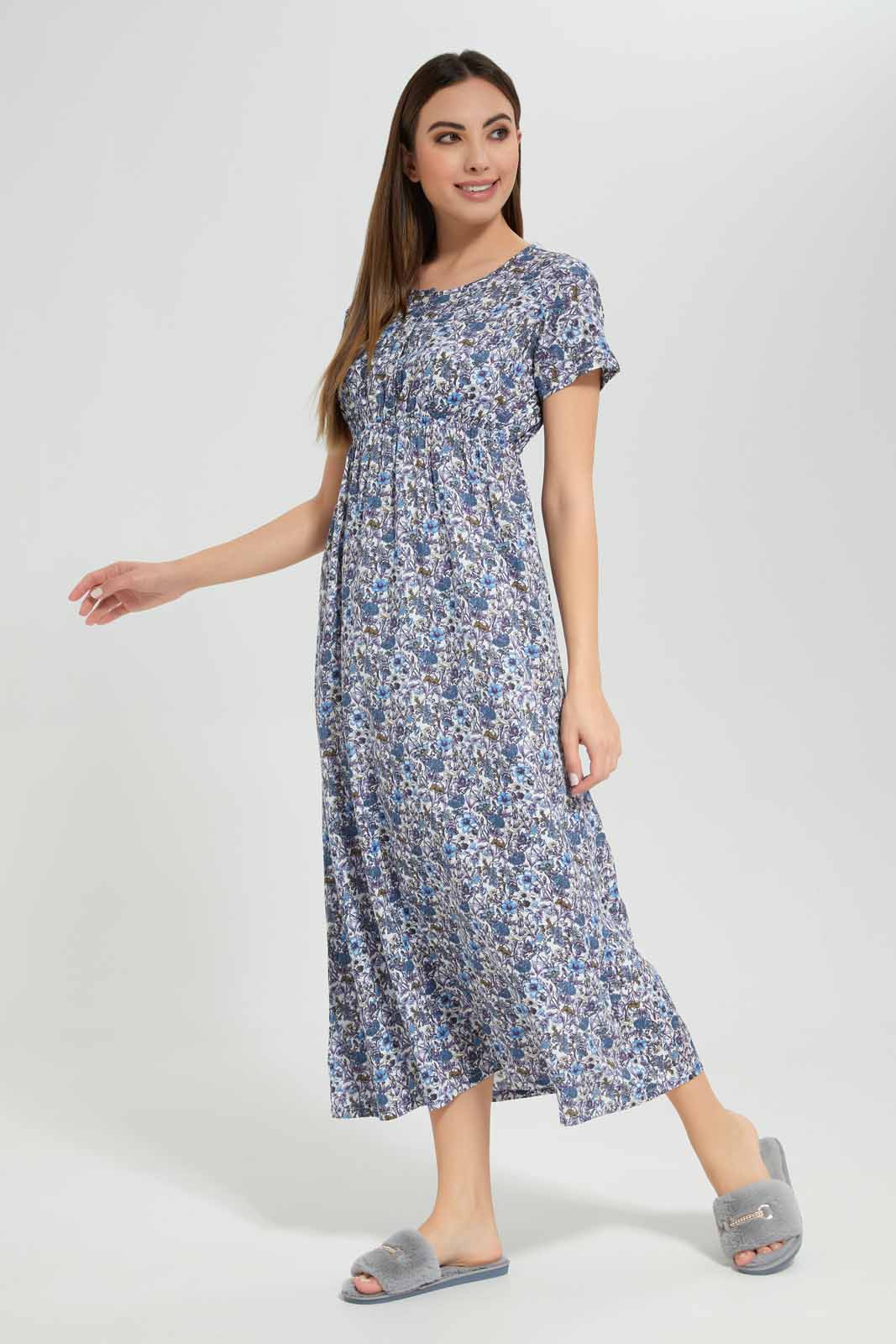 Women Blue Printed Nightgown