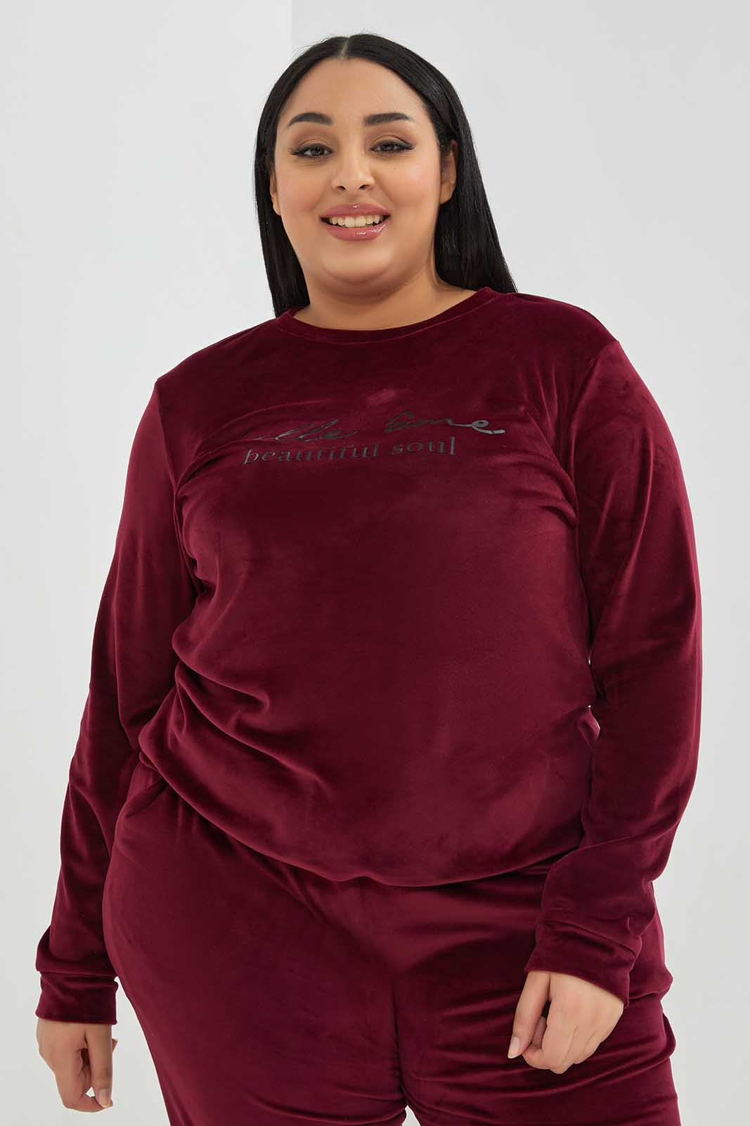 Redtag-Women-Burgundy-Chest-Print-Velour-Sweatshirt-Category:Sweatshirts,-Colour:Burgundy,-Deals:New-In,-Filter:Plus-Size,-LDP-Sweatshirts,-New-In-LDP-APL,-Non-Sale,-Section:Women,-TBL,-W22B-Women's-