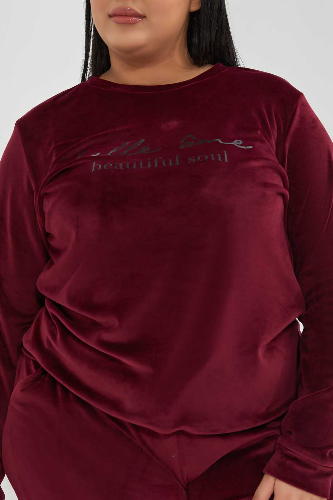 Redtag-Women-Burgundy-Chest-Print-Velour-Sweatshirt-Category:Sweatshirts,-Colour:Burgundy,-Deals:New-In,-Filter:Plus-Size,-LDP-Sweatshirts,-New-In-LDP-APL,-Non-Sale,-Section:Women,-TBL,-W22B-Women's-