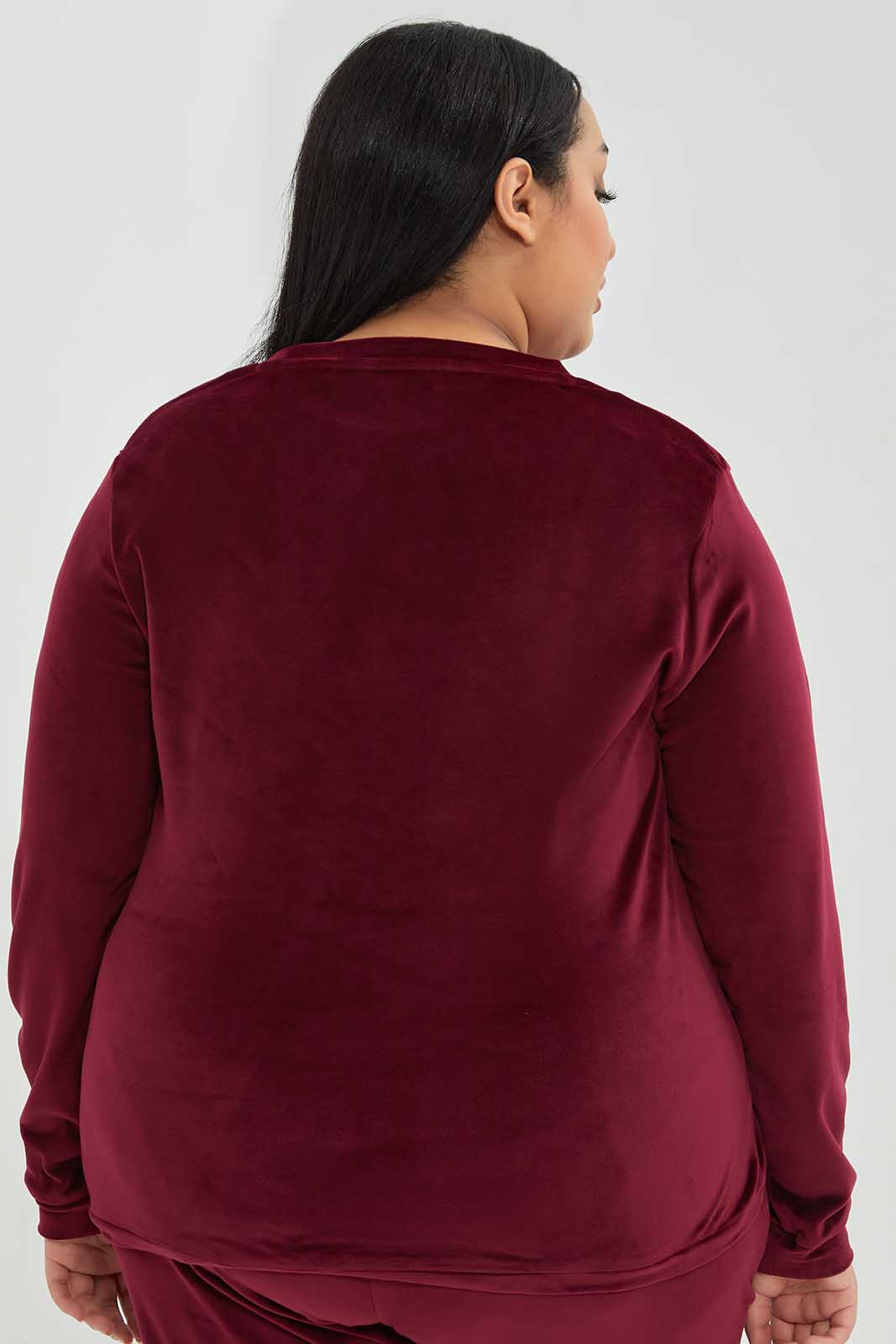 Redtag-Women-Burgundy-Chest-Print-Velour-Sweatshirt-Category:Sweatshirts,-Colour:Burgundy,-Deals:New-In,-Filter:Plus-Size,-LDP-Sweatshirts,-New-In-LDP-APL,-Non-Sale,-Section:Women,-TBL,-W22B-Women's-