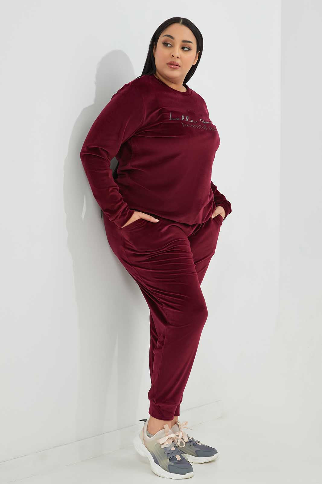 Redtag-Women-Burgundy-Chest-Print-Velour-Sweatshirt-Category:Sweatshirts,-Colour:Burgundy,-Deals:New-In,-Filter:Plus-Size,-LDP-Sweatshirts,-New-In-LDP-APL,-Non-Sale,-Section:Women,-TBL,-W22B-Women's-
