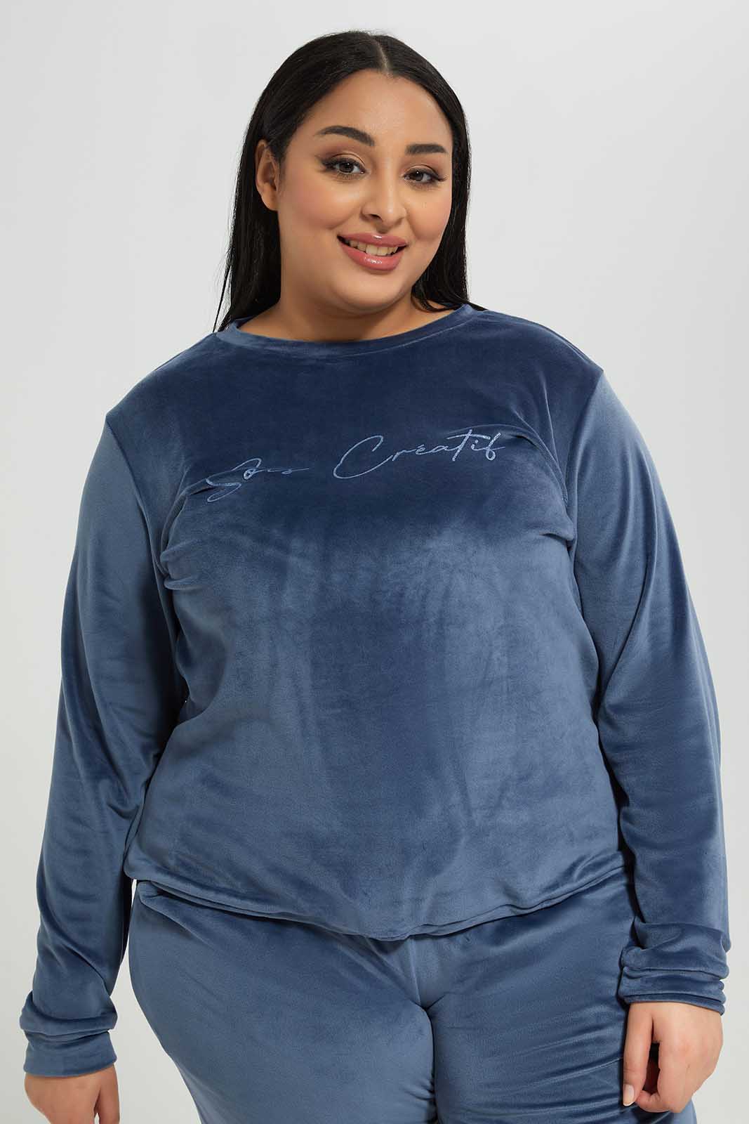 Redtag-Women-Blue-Chest-Print-Velour-Sweatshirt-Category:Sweatshirts,-Colour:Blue,-Deals:New-In,-Filter:Plus-Size,-LDP-Sweatshirts,-New-In-LDP-APL,-Non-Sale,-Section:Women,-TBL,-W22B-Women's-