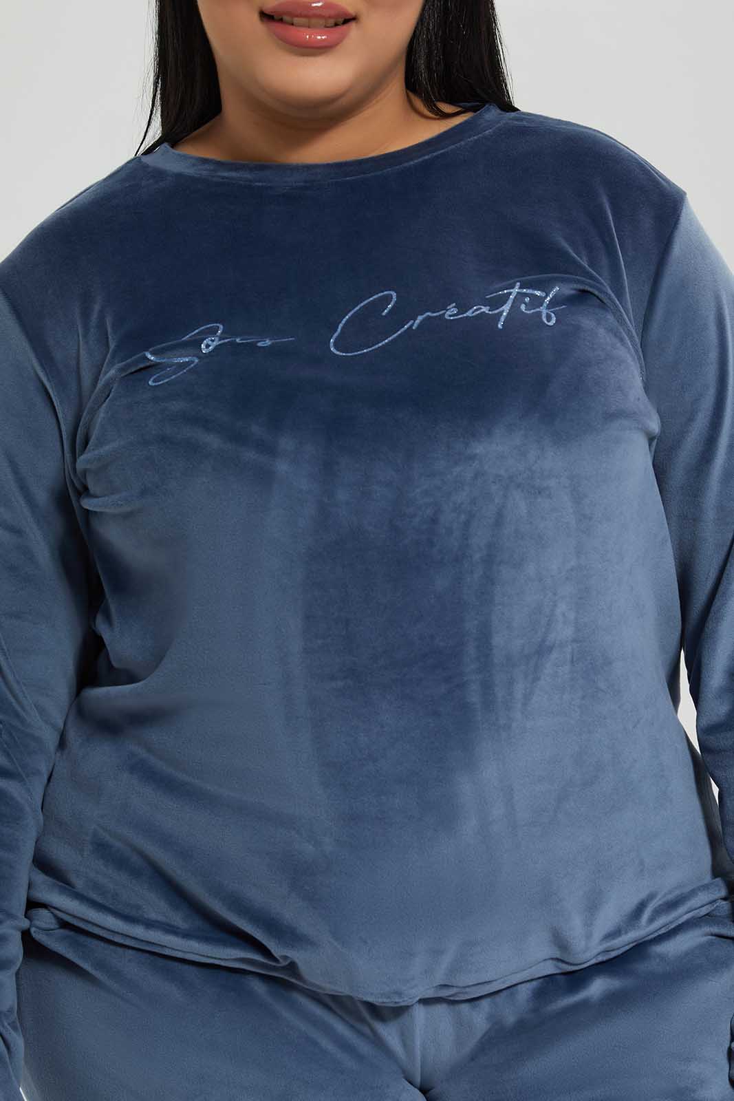 Redtag-Women-Blue-Chest-Print-Velour-Sweatshirt-Category:Sweatshirts,-Colour:Blue,-Deals:New-In,-Filter:Plus-Size,-LDP-Sweatshirts,-New-In-LDP-APL,-Non-Sale,-Section:Women,-TBL,-W22B-Women's-
