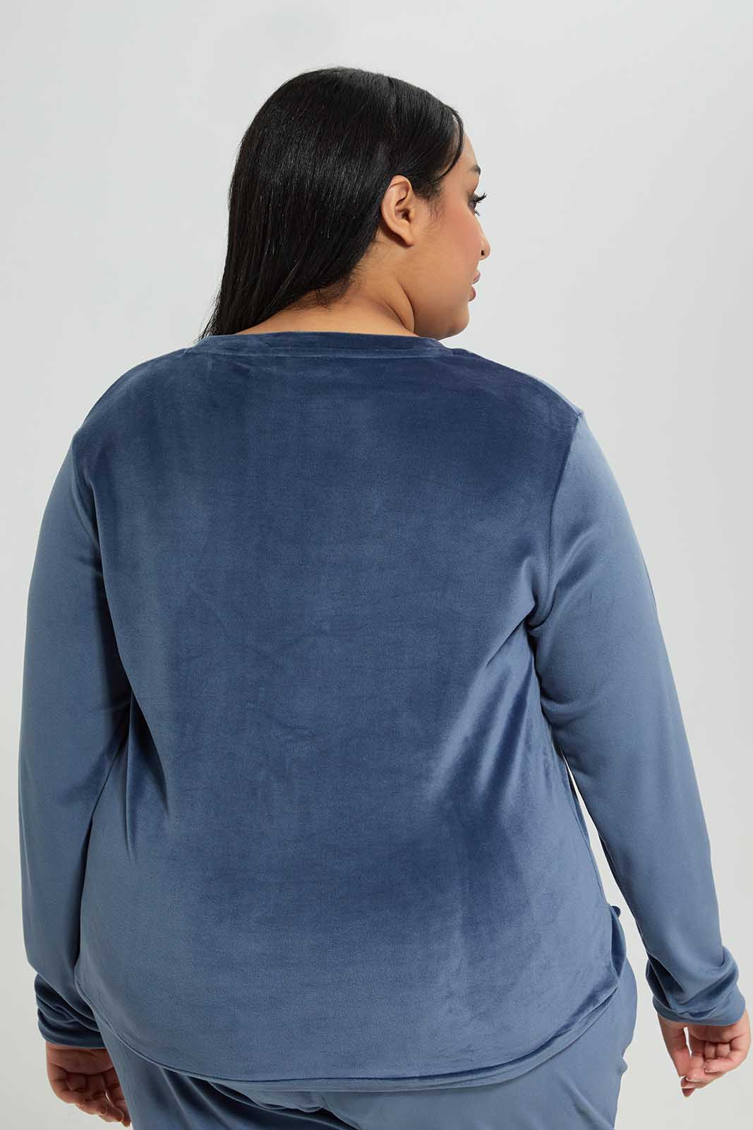 Redtag-Women-Blue-Chest-Print-Velour-Sweatshirt-Category:Sweatshirts,-Colour:Blue,-Deals:New-In,-Filter:Plus-Size,-LDP-Sweatshirts,-New-In-LDP-APL,-Non-Sale,-Section:Women,-TBL,-W22B-Women's-