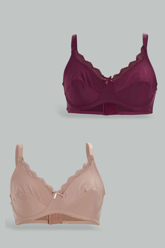 Redtag-Women-Burgundy/Beige-Color-Non-Padded-Bra-(2-Pack)-Category:Bras,-Colour:Assorted,-Deals:New-In,-Dept:Ladieswear,-Filter:Women's-Clothing,-New-In-Women-APL,-Non-Sale,-Section:Women,-W22B,-Women-Bras--