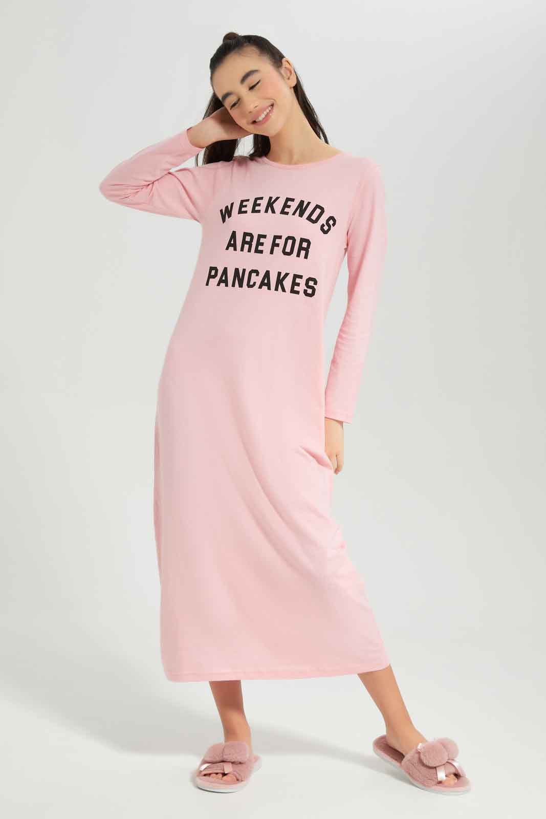 Redtag-Girls-Pink-Long-Sleeve-Ruffled-Sleeve-Nightdress-Category:Nightshirts,-Colour:Apricot,-Deals:New-In,-Dept:Girls,-Filter:Senior-Girls-(8-to-14-Yrs),-GSR-Nightshirts,-New-In-GSR-APL,-Non-Sale,-Section:Girls-(0-to-14Yrs),-W22B-Senior-Girls-9 to 14 Years