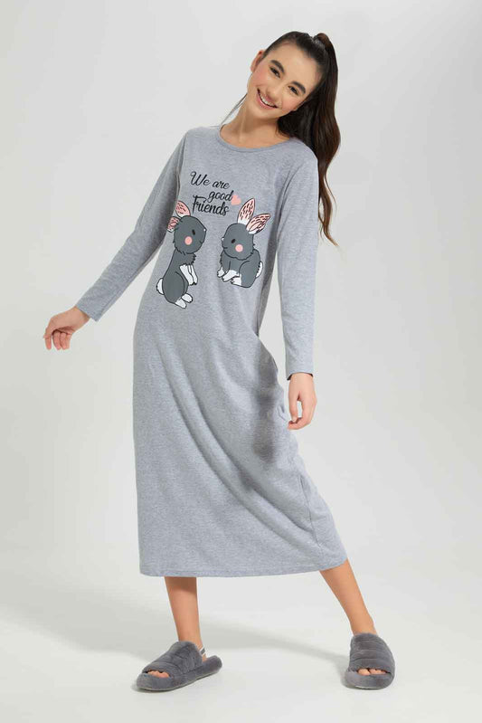 Redtag-Girls-Grey-Melange-Long-Sleeve-Ruffled-Sleeve-Nightdress-Category:Nightshirts,-Colour:Grey,-Deals:New-In,-Dept:Girls,-Filter:Senior-Girls-(8-to-14-Yrs),-GSR-Nightshirts,-New-In-GSR-APL,-Non-Sale,-Section:Girls-(0-to-14Yrs),-W22B-Senior-Girls-9 to 14 Years
