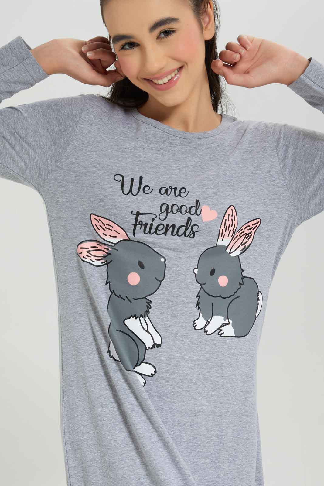 Redtag-Girls-Grey-Melange-Long-Sleeve-Ruffled-Sleeve-Nightdress-Category:Nightshirts,-Colour:Grey,-Deals:New-In,-Dept:Girls,-Filter:Senior-Girls-(8-to-14-Yrs),-GSR-Nightshirts,-New-In-GSR-APL,-Non-Sale,-Section:Girls-(0-to-14Yrs),-W22B-Senior-Girls-9 to 14 Years