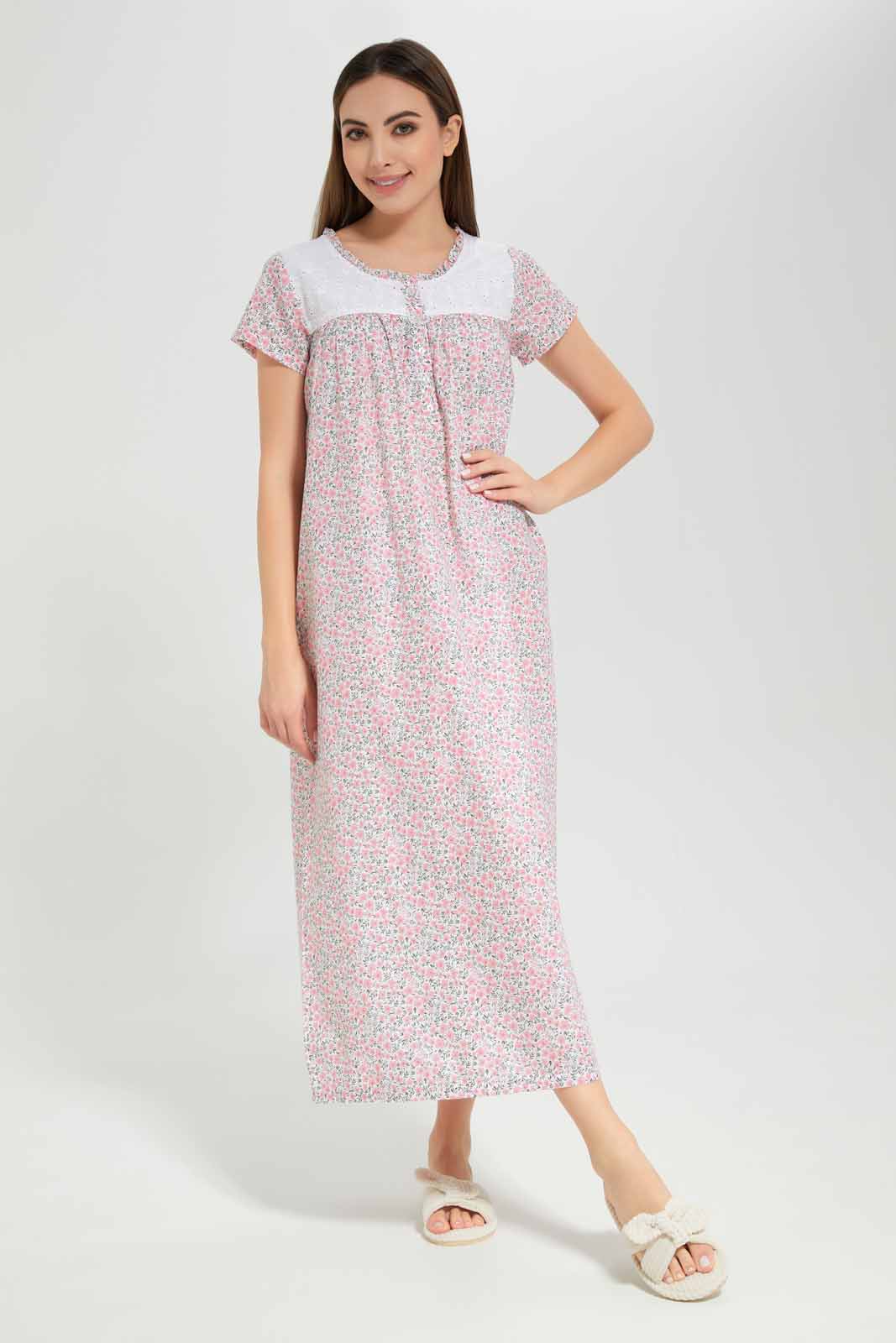 Redtag-Women-Pink-Color-Short-Sleeves-Printed-Nightgown-Category:Nightgowns,-Colour:Apricot,-Deals:New-In,-Filter:Women's-Clothing,-New-In-Women-APL,-Non-Sale,-Section:Women,-W22A,-Women-Nightgowns--