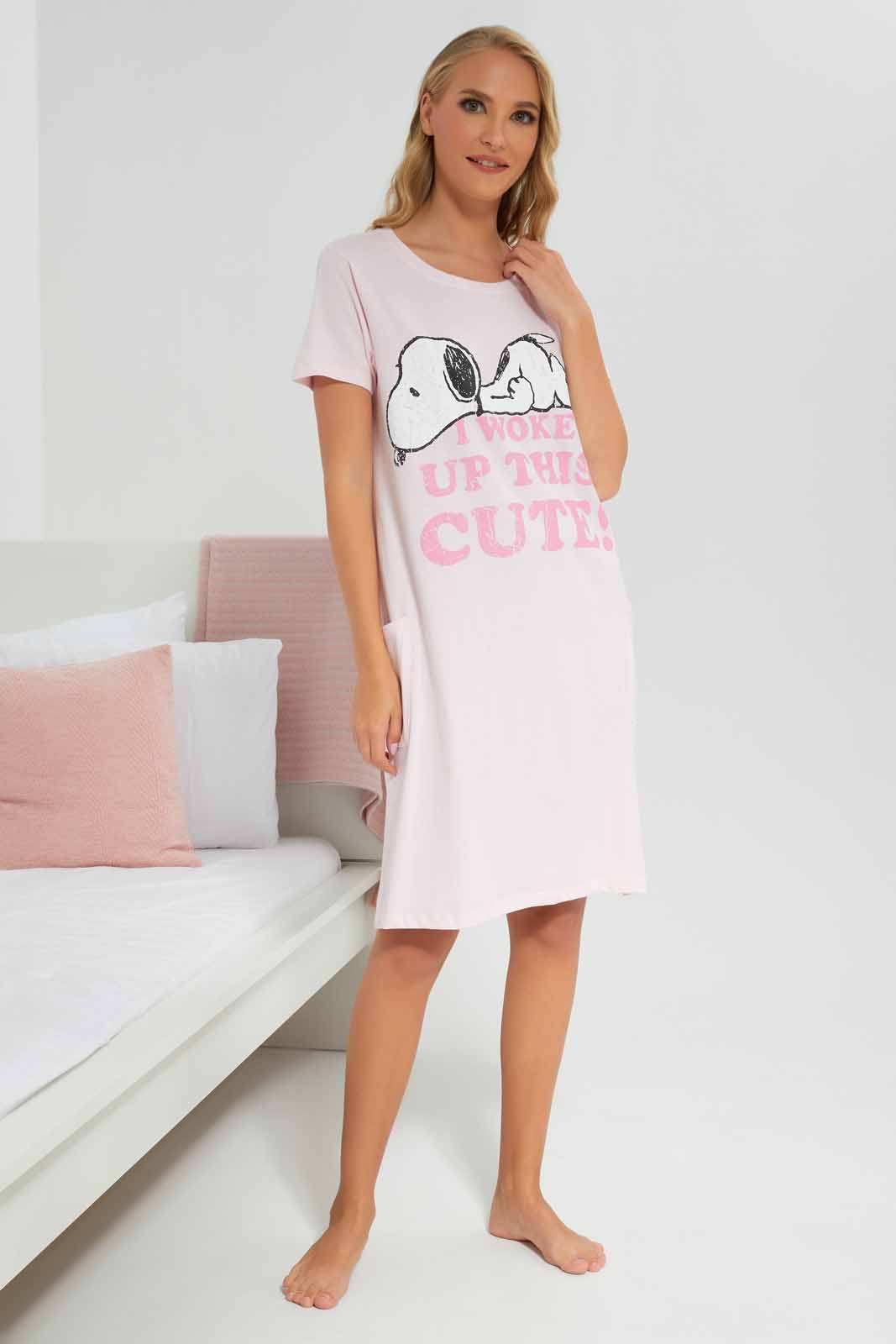 Redtag-Women-Pink-Color-Night-Dress-With-Side-Pockets-Category:Nightshirts,-Colour:Apricot,-Deals:New-In,-Filter:Women's-Clothing,-New-In-Women-APL,-Non-Sale,-Section:Women,-W22A,-Women-Nightshirts--