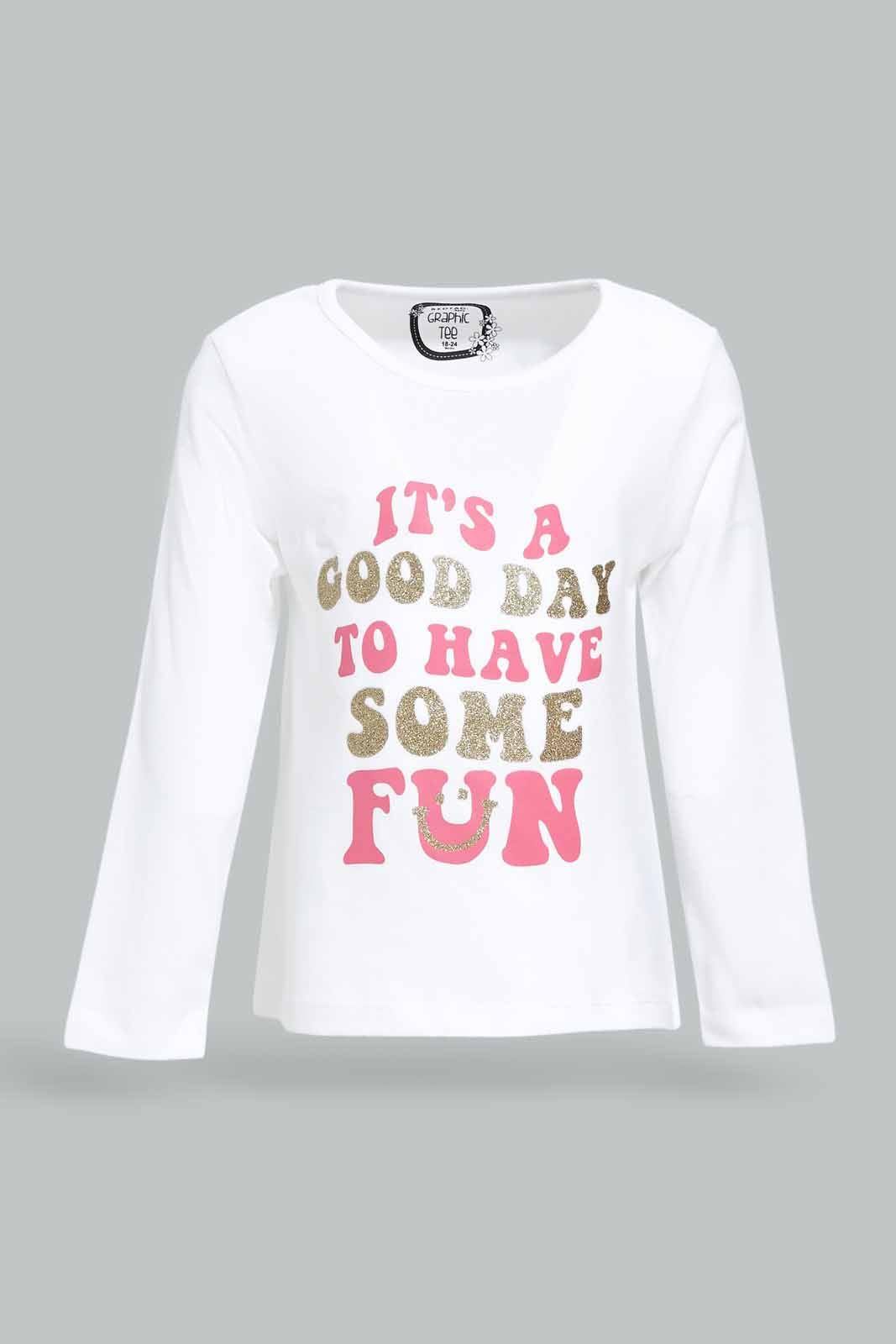 Redtag-Girls-White-Placement-Print-Graphic-Tee-Category:T-Shirts,-Colour:White,-Deals:New-In,-Dept:Girls,-Filter:Infant-Girls-(3-to-24-Mths),-ING-T-Shirts,-New-In-ING-APL,-Non-Sale,-S23A,-Section:Girls-(0-to-14Yrs),-TBL-Infant-Girls-3 to 24 Months