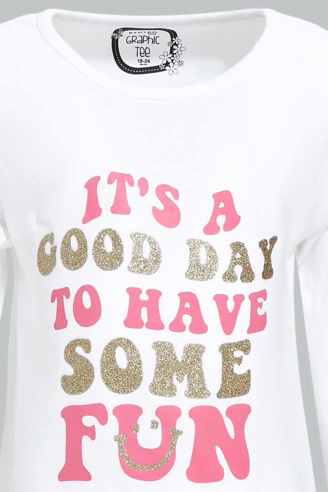 Redtag-Girls-White-Placement-Print-Graphic-Tee-Category:T-Shirts,-Colour:White,-Deals:New-In,-Dept:Girls,-Filter:Infant-Girls-(3-to-24-Mths),-ING-T-Shirts,-New-In-ING-APL,-Non-Sale,-S23A,-Section:Girls-(0-to-14Yrs),-TBL-Infant-Girls-3 to 24 Months