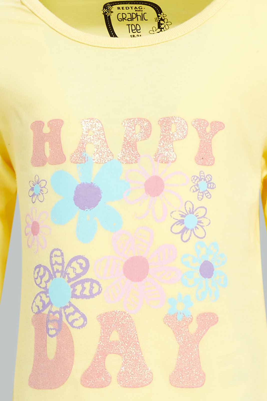 Redtag-Girls-Yellow-Placement-Print-Graphic-Tee-Category:T-Shirts,-Colour:Yellow,-Deals:New-In,-Dept:Girls,-Filter:Infant-Girls-(3-to-24-Mths),-ING-T-Shirts,-New-In-ING-APL,-Non-Sale,-S23A,-Section:Girls-(0-to-14Yrs),-TBL-Infant-Girls-3 to 24 Months