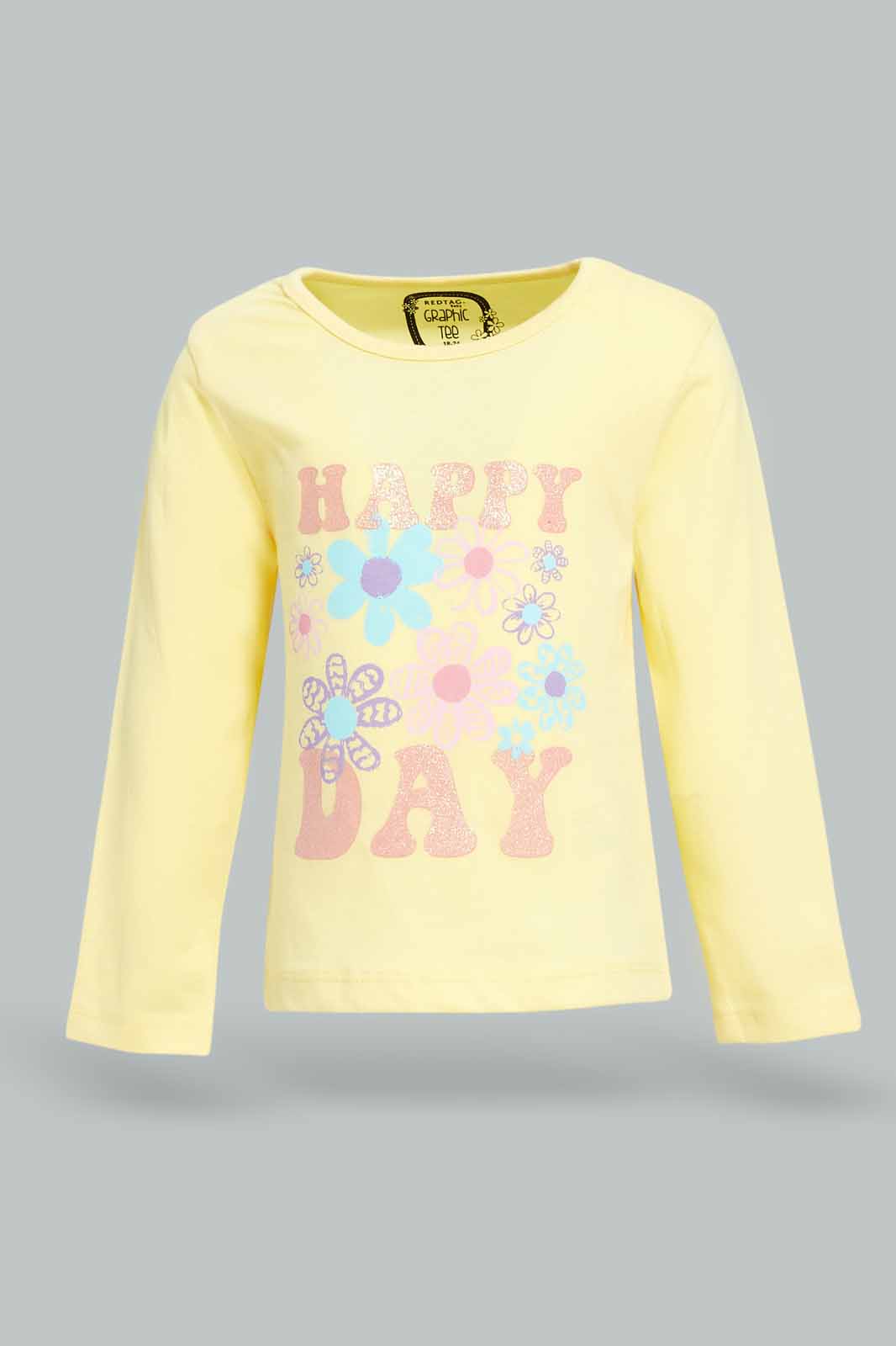 Redtag-Girls-Yellow-Placement-Print-Graphic-Tee-Category:T-Shirts,-Colour:Yellow,-Deals:New-In,-Dept:Girls,-Filter:Infant-Girls-(3-to-24-Mths),-ING-T-Shirts,-New-In-ING-APL,-Non-Sale,-S23A,-Section:Girls-(0-to-14Yrs),-TBL-Infant-Girls-3 to 24 Months