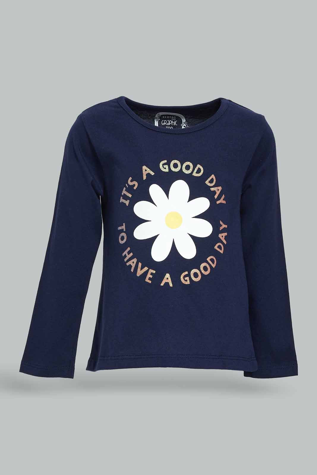 Redtag-Girls-Navy-Placement-Print-Graphic-Tee-Category:T-Shirts,-Colour:Navy,-Deals:New-In,-Dept:Girls,-Filter:Infant-Girls-(3-to-24-Mths),-ING-T-Shirts,-New-In-ING-APL,-Non-Sale,-S23A,-Section:Girls-(0-to-14Yrs),-TBL-Infant-Girls-3 to 24 Months