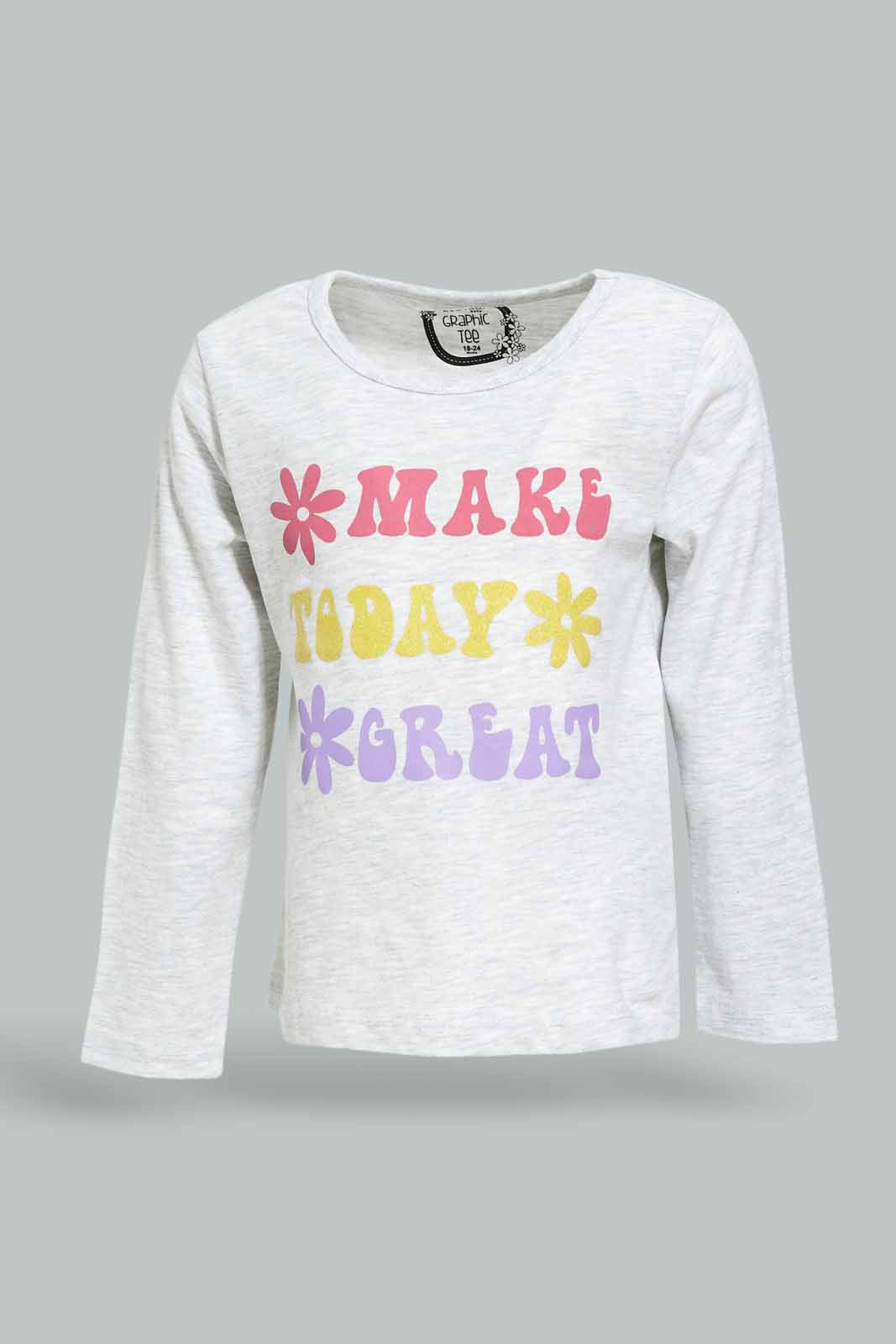 Redtag-Girls-Grey-Melange-Placement-Print-Graphic-Tee-Category:T-Shirts,-Colour:Grey,-Deals:New-In,-Dept:Girls,-Filter:Infant-Girls-(3-to-24-Mths),-ING-T-Shirts,-New-In-ING-APL,-Non-Sale,-S23A,-Section:Girls-(0-to-14Yrs),-TBL-Infant-Girls-3 to 24 Months