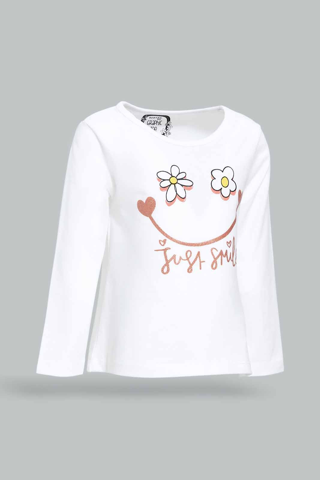 Redtag-Girls-White-Placement-Print-Graphic-Tee-Category:T-Shirts,-Colour:White,-Deals:New-In,-Dept:Girls,-Filter:Infant-Girls-(3-to-24-Mths),-ING-T-Shirts,-New-In-ING-APL,-Non-Sale,-S23A,-Section:Girls-(0-to-14Yrs),-TBL-Infant-Girls-3 to 24 Months