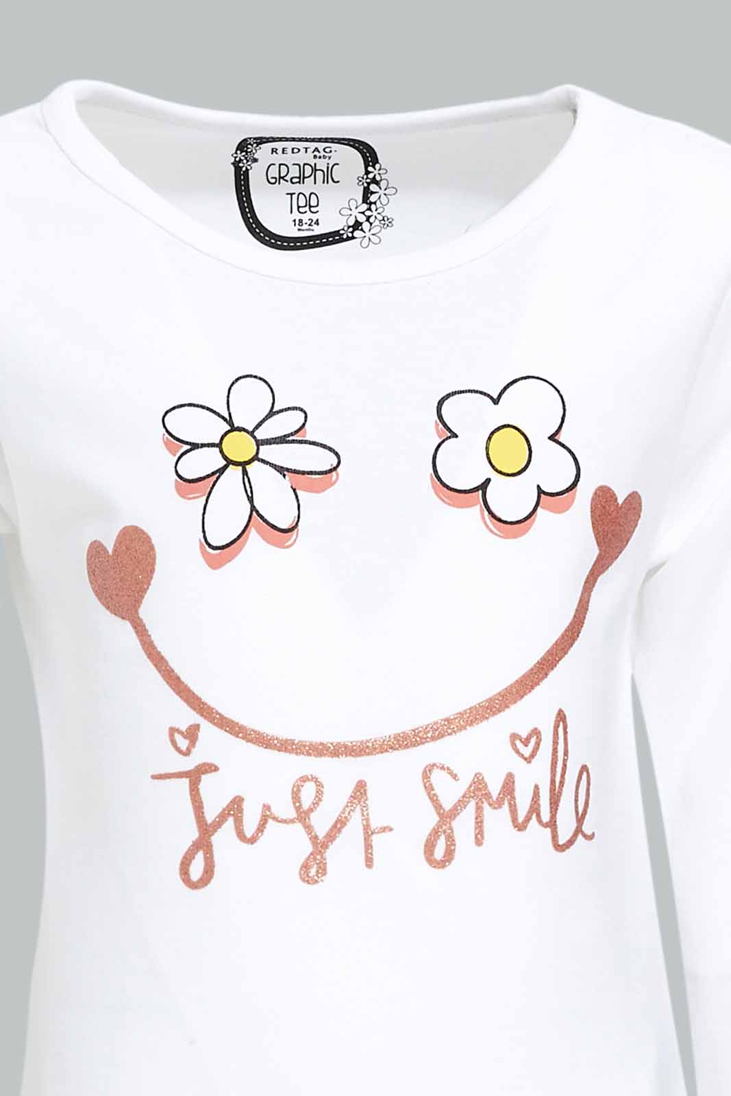 Redtag-Girls-White-Placement-Print-Graphic-Tee-Category:T-Shirts,-Colour:White,-Deals:New-In,-Dept:Girls,-Filter:Infant-Girls-(3-to-24-Mths),-ING-T-Shirts,-New-In-ING-APL,-Non-Sale,-S23A,-Section:Girls-(0-to-14Yrs),-TBL-Infant-Girls-3 to 24 Months