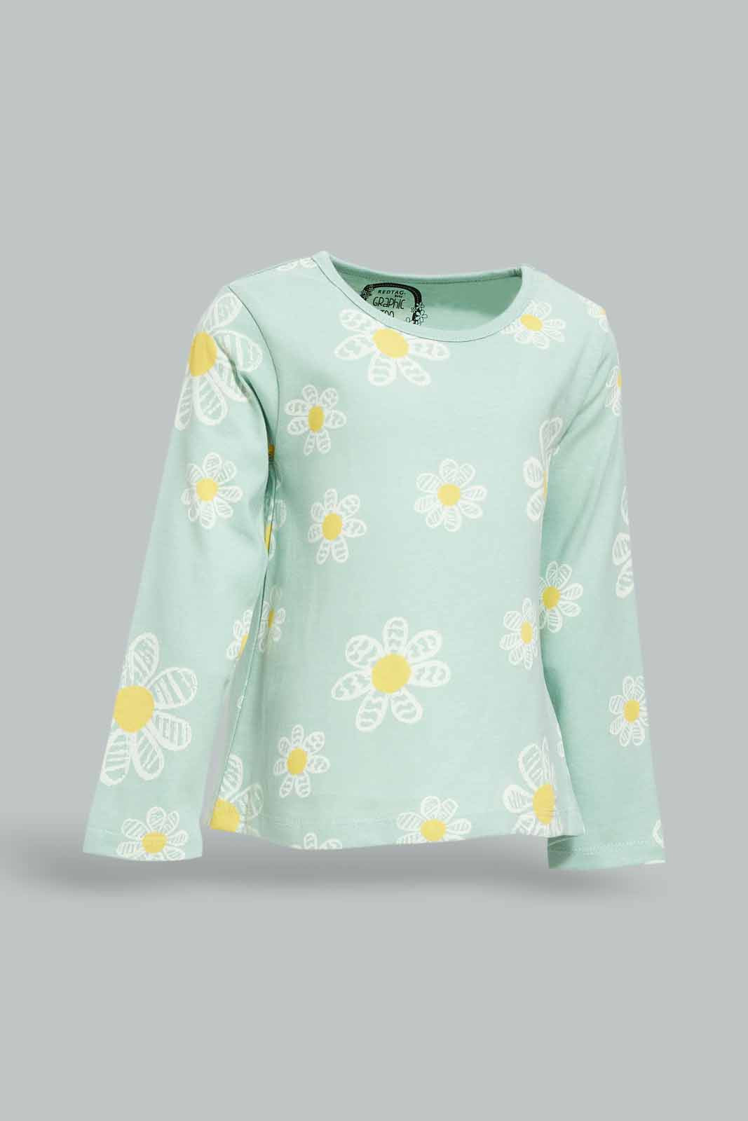 Redtag-Girls-Sage-Green-Aop-Tee-Category:T-Shirts,-Colour:Green,-Deals:New-In,-Dept:Girls,-Filter:Infant-Girls-(3-to-24-Mths),-ING-T-Shirts,-New-In-ING-APL,-Non-Sale,-S23A,-Section:Girls-(0-to-14Yrs),-TBL-Infant-Girls-3 to 24 Months