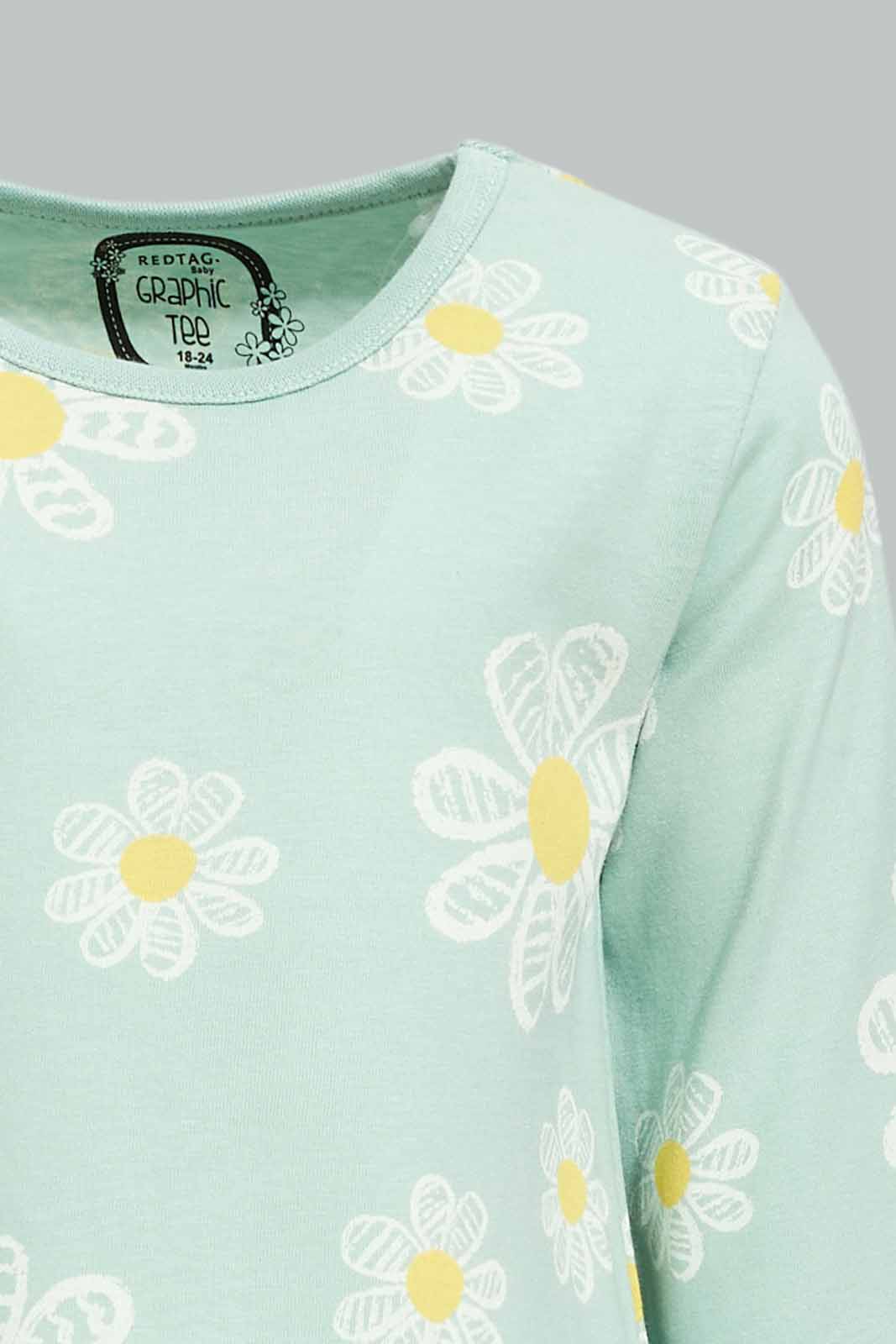Redtag-Girls-Sage-Green-Aop-Tee-Category:T-Shirts,-Colour:Green,-Deals:New-In,-Dept:Girls,-Filter:Infant-Girls-(3-to-24-Mths),-ING-T-Shirts,-New-In-ING-APL,-Non-Sale,-S23A,-Section:Girls-(0-to-14Yrs),-TBL-Infant-Girls-3 to 24 Months