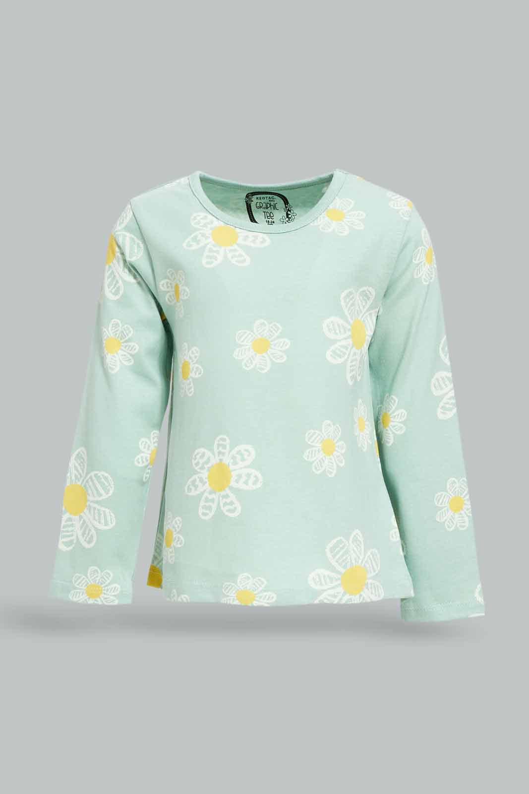 Redtag-Girls-Sage-Green-Aop-Tee-Category:T-Shirts,-Colour:Green,-Deals:New-In,-Dept:Girls,-Filter:Infant-Girls-(3-to-24-Mths),-ING-T-Shirts,-New-In-ING-APL,-Non-Sale,-S23A,-Section:Girls-(0-to-14Yrs),-TBL-Infant-Girls-3 to 24 Months