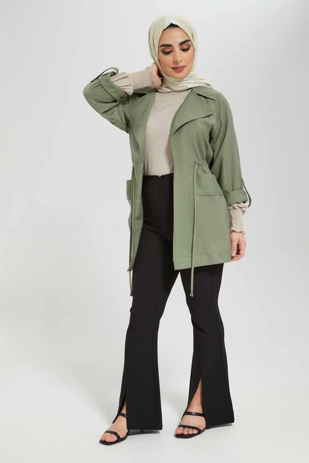 Redtag-Women-Elasticated-Waist-Lapel-Collared-Jacket-Category:Cardigans,-Colour:Green,-Deals:New-In,-Filter:Women's-Clothing,-LMC,-Modest,-New-In-Women-APL,-Non-Sale,-Section:Women,-W22B,-Women-Cardigans--