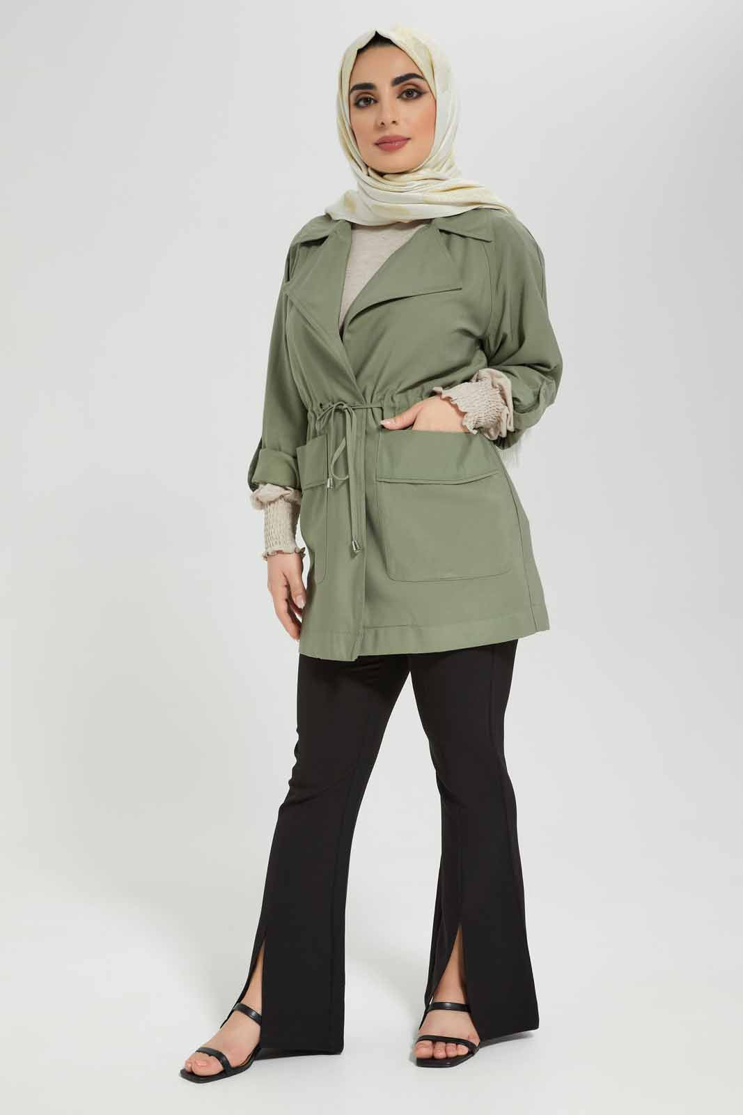 Redtag-Women-Elasticated-Waist-Lapel-Collared-Jacket-Category:Cardigans,-Colour:Green,-Deals:New-In,-Filter:Women's-Clothing,-LMC,-Modest,-New-In-Women-APL,-Non-Sale,-Section:Women,-W22B,-Women-Cardigans--