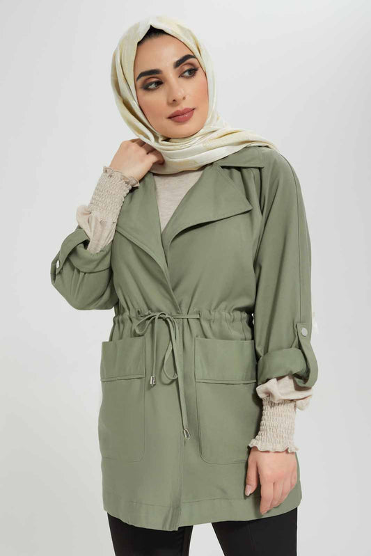 Redtag-Women-Elasticated-Waist-Lapel-Collared-Jacket-Category:Cardigans,-Colour:Green,-Deals:New-In,-Filter:Women's-Clothing,-LMC,-Modest,-New-In-Women-APL,-Non-Sale,-Section:Women,-W22B,-Women-Cardigans--