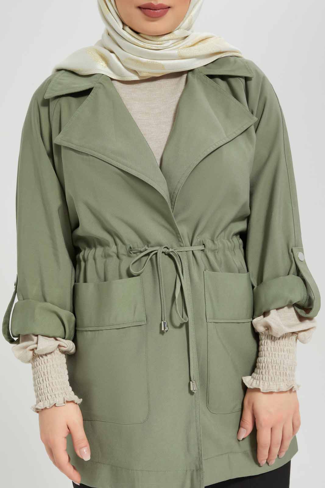 Redtag-Women-Elasticated-Waist-Lapel-Collared-Jacket-Category:Cardigans,-Colour:Green,-Deals:New-In,-Filter:Women's-Clothing,-LMC,-Modest,-New-In-Women-APL,-Non-Sale,-Section:Women,-W22B,-Women-Cardigans--