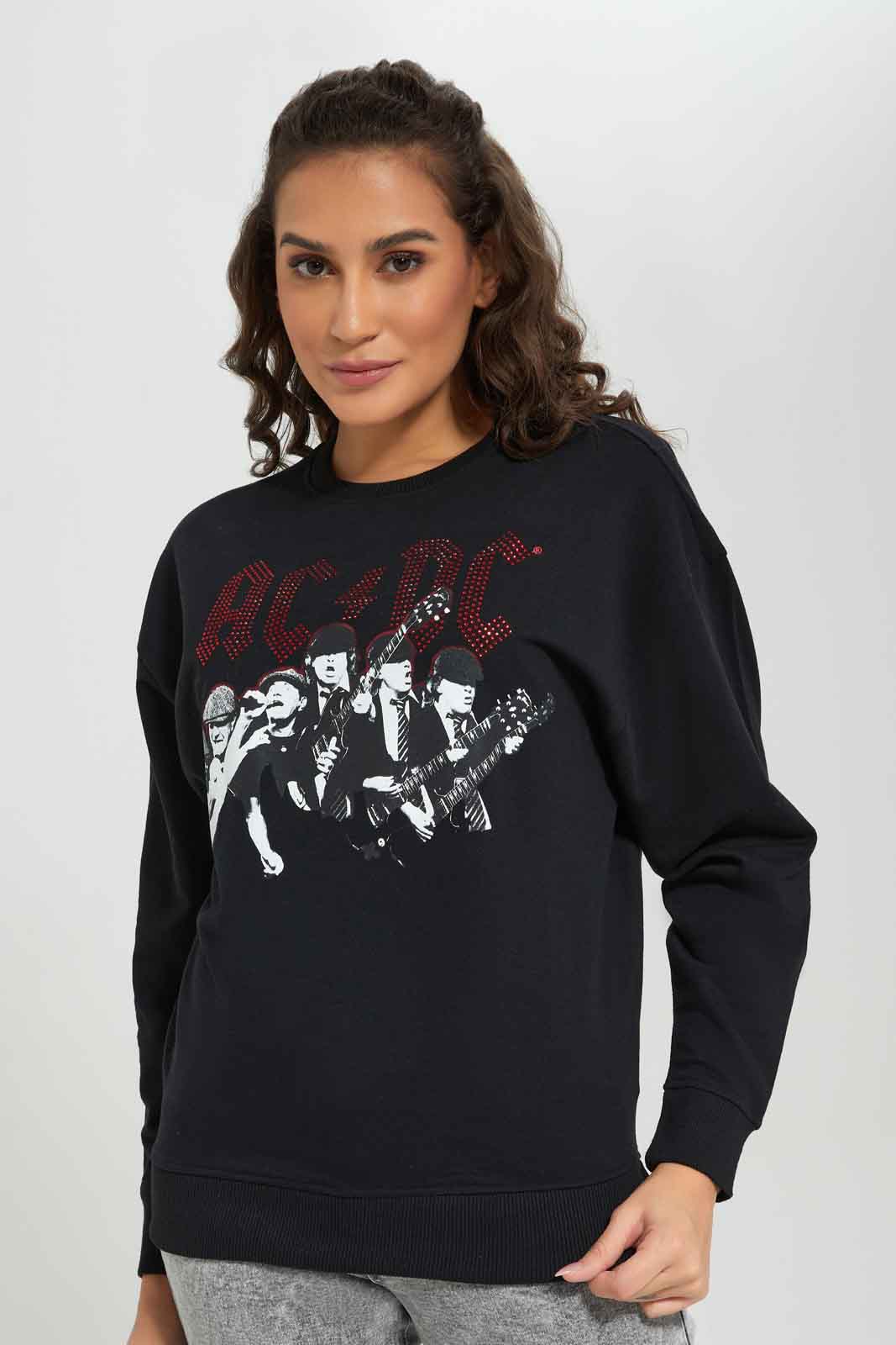 Redtag-Women-Black-Ac/Dc-Placement-Print-Long-Sleeve-Sweatshirt-Category:Sweatshirts,-Colour:Black,-Deals:New-In,-FF,-Filter:Women's-Clothing,-New-In-Women-APL,-Non-Sale,-Section:Women,-W22B,-Women-Sweatshirts-Women's-