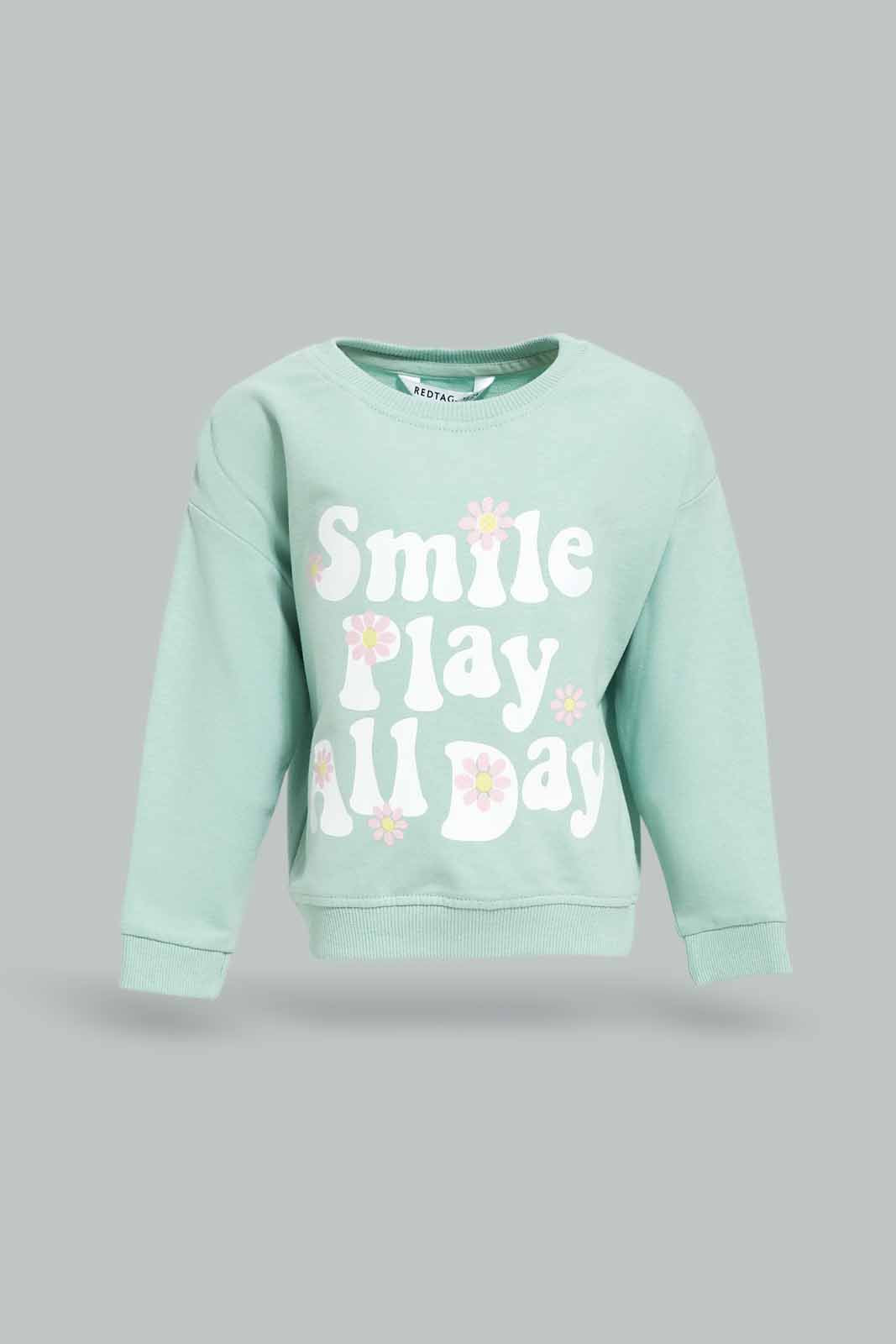 Redtag-Girls-Green-Placement-Print-Sweat-Top-Category:Sweatshirts,-Colour:Green,-Deals:New-In,-Dept:Girls,-Filter:Infant-Girls-(3-to-24-Mths),-ING-Sweatshirts,-New-In-ING-APL,-Non-Sale,-S23A,-Section:Girls-(0-to-14Yrs),-TBL-Infant-Girls-3 to 24 Months