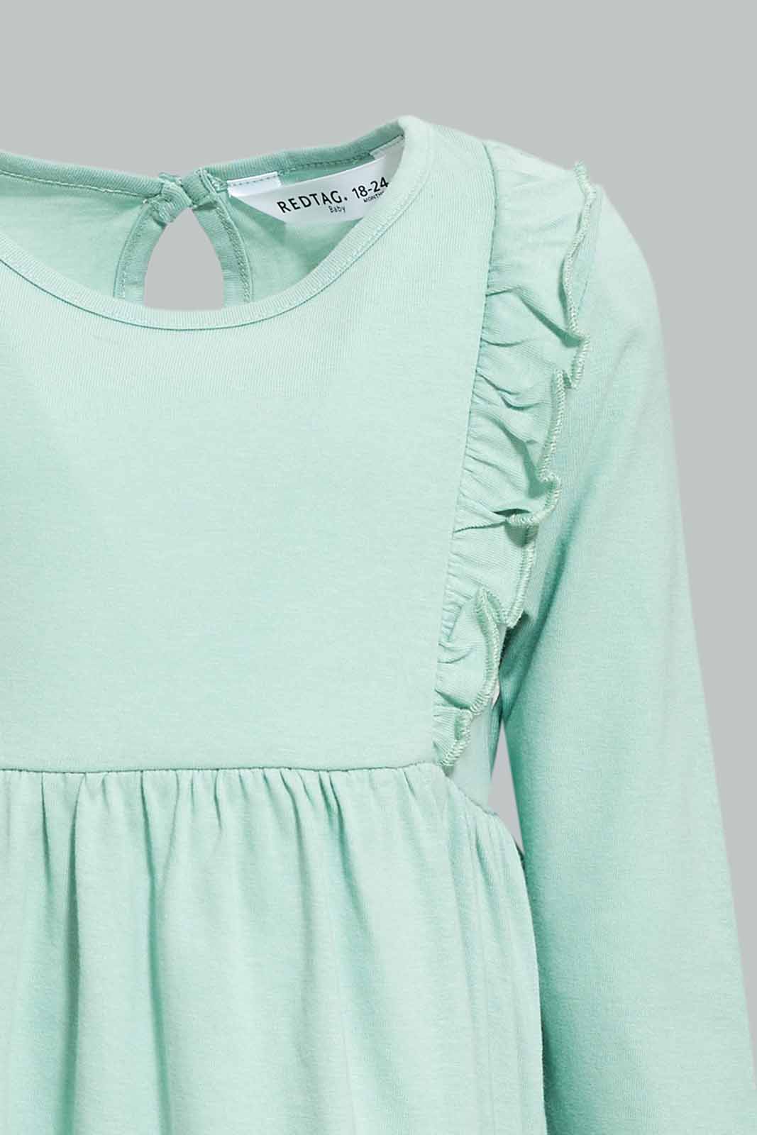Redtag-Girls-Sage-Green-Solid-Knitted-Dress-Category:Dresses,-Colour:Green,-Deals:New-In,-Dept:Girls,-Filter:Infant-Girls-(3-to-24-Mths),-ING-Dresses,-New-In-ING-APL,-Non-Sale,-S23A,-Section:Girls-(0-to-14Yrs),-VLM-Infant-Girls-3 to 24 Months
