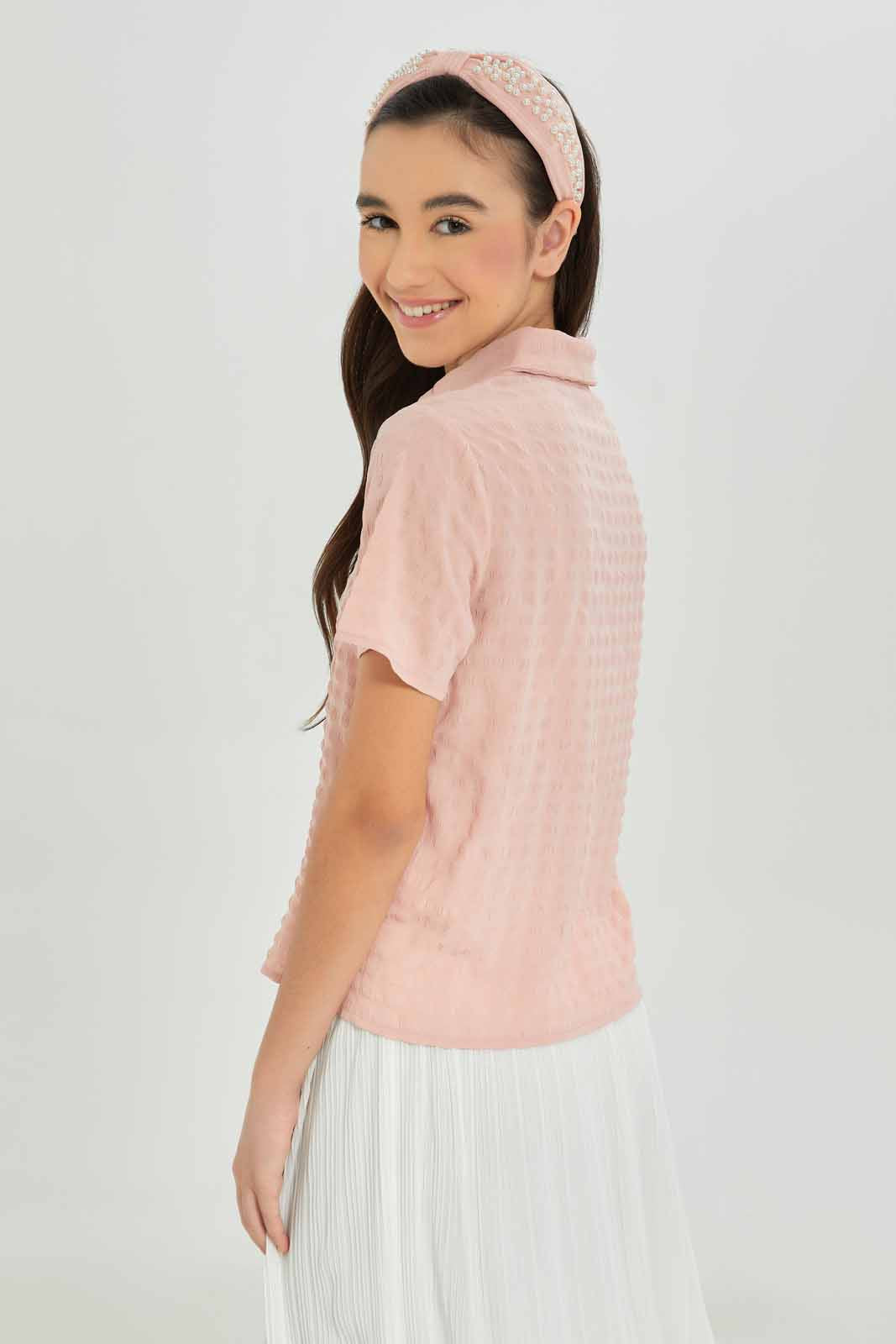 Redtag-Girls-Pink-Crinckled-Collared-Shirt-Category:Blouses,-Colour:Apricot,-Deals:New-In,-Dept:Girls,-Filter:Senior-Girls-(8-to-14-Yrs),-GSR-Blouses,-New-In-GSR-APL,-Non-Sale,-S23A,-Section:Girls-(0-to-14Yrs)-Senior-Girls-9 to 14 Years