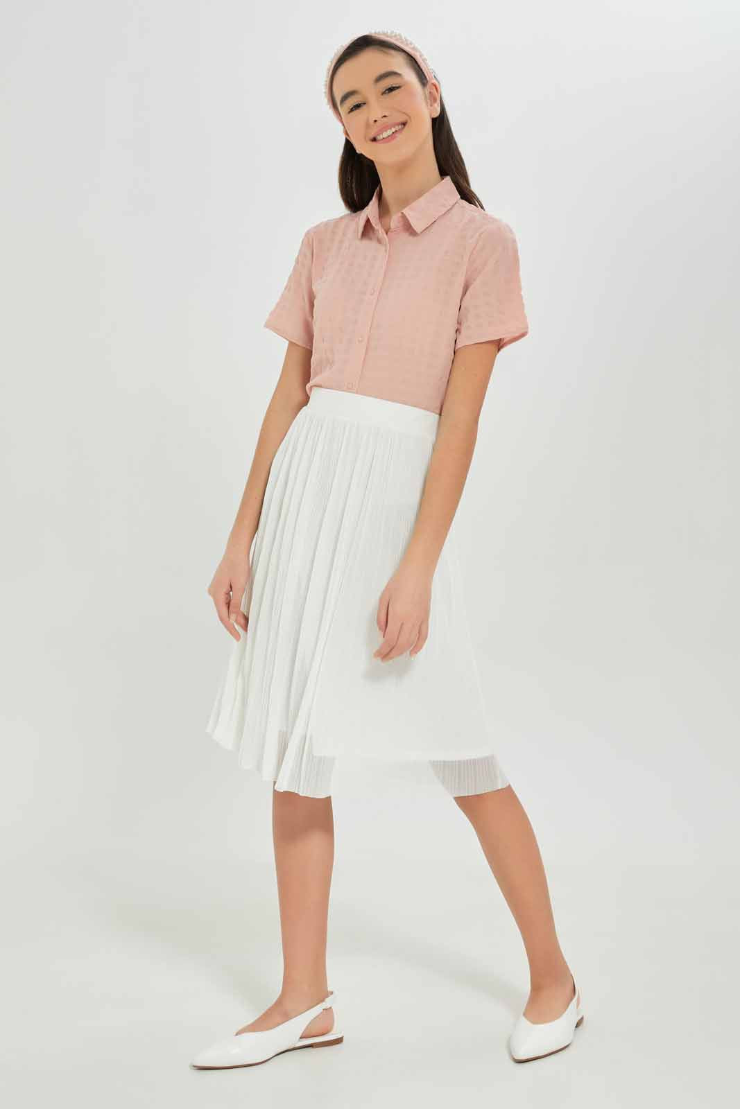 Redtag-Girls-Pink-Crinckled-Collared-Shirt-Category:Blouses,-Colour:Apricot,-Deals:New-In,-Dept:Girls,-Filter:Senior-Girls-(8-to-14-Yrs),-GSR-Blouses,-New-In-GSR-APL,-Non-Sale,-S23A,-Section:Girls-(0-to-14Yrs)-Senior-Girls-9 to 14 Years