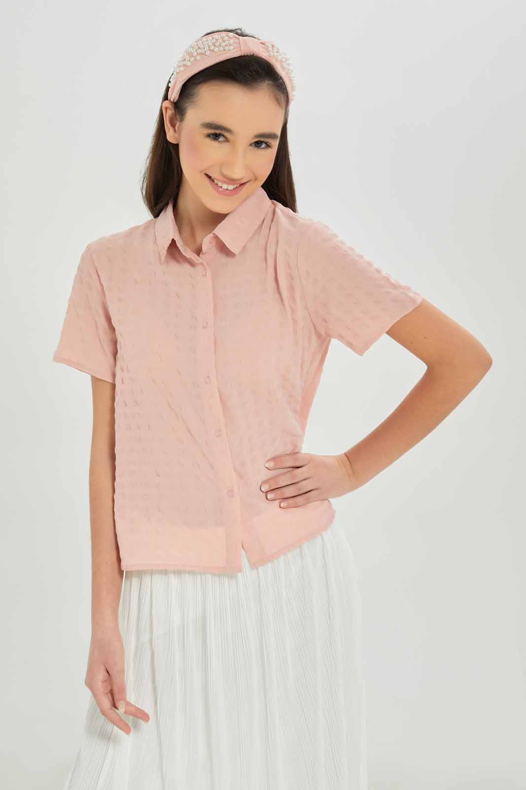 Redtag-Girls-Pink-Crinckled-Collared-Shirt-Category:Blouses,-Colour:Apricot,-Deals:New-In,-Dept:Girls,-Filter:Senior-Girls-(8-to-14-Yrs),-GSR-Blouses,-New-In-GSR-APL,-Non-Sale,-S23A,-Section:Girls-(0-to-14Yrs)-Senior-Girls-9 to 14 Years