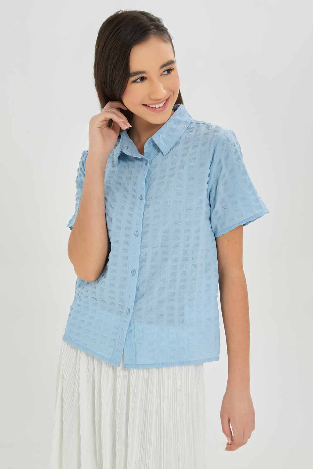Redtag-Girls-Blue-Crinckled-Collared-Shirt-Category:Blouses,-Colour:Blue,-Deals:New-In,-Dept:Girls,-Filter:Senior-Girls-(8-to-14-Yrs),-GSR-Blouses,-New-In-GSR-APL,-Non-Sale,-S23A,-Section:Girls-(0-to-14Yrs)-Senior-Girls-9 to 14 Years
