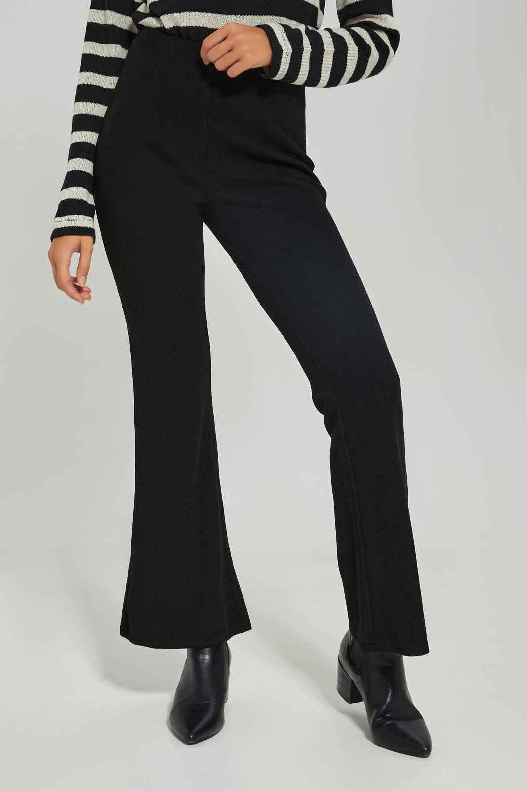 Redtag-Women-Black-Solid-Texture-Flare-Trouser-Category:Trousers,-Colour:Black,-Deals:New-In,-Dept:Ladieswear,-Filter:Women's-Clothing,-New-In-Women-APL,-Non-Sale,-S23A,-Section:Women,-Women-Trousers-Women's-