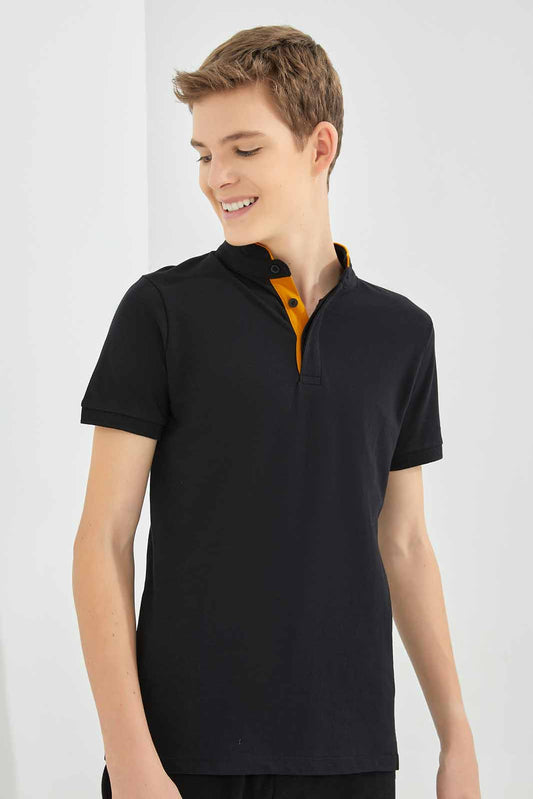 Redtag-Boys-Black-Mandarin-Collar-Polo-BSR-Polo-T-Shirts,-BTS,-Category:Polo-T-Shirts,-Colour:Black,-Deals:New-In,-Dept:Boys,-Filter:Senior-Boys-(8-to-14-Yrs),-New-In-BSR-APL,-Non-Sale,-S23A,-Section:Boys-(0-to-14Yrs),-TBL-Senior-Boys-9 to 14 Years