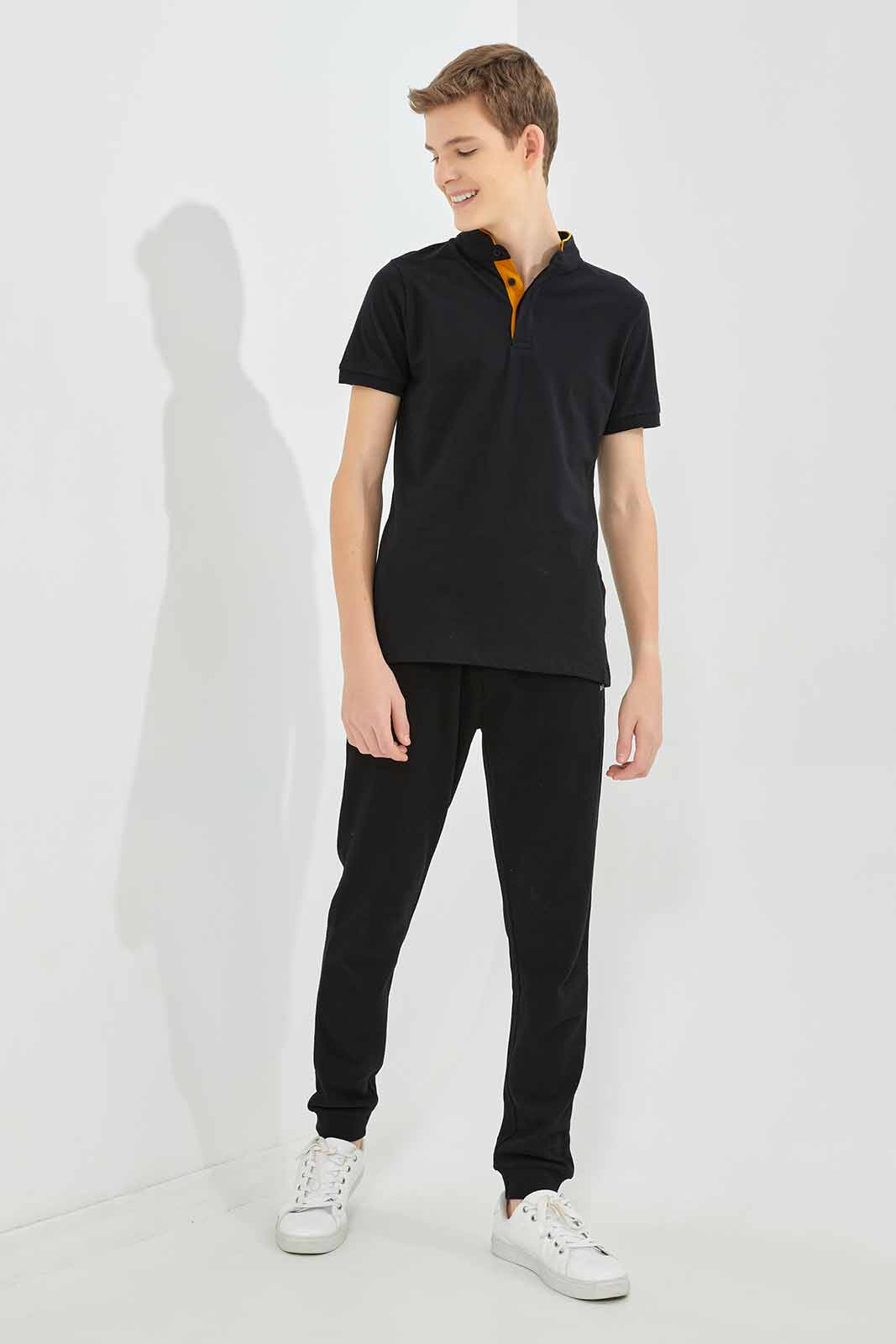 Redtag-Boys-Black-Mandarin-Collar-Polo-BSR-Polo-T-Shirts,-BTS,-Category:Polo-T-Shirts,-Colour:Black,-Deals:New-In,-Dept:Boys,-Filter:Senior-Boys-(8-to-14-Yrs),-New-In-BSR-APL,-Non-Sale,-S23A,-Section:Boys-(0-to-14Yrs),-TBL-Senior-Boys-9 to 14 Years