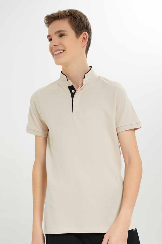 Redtag-Boys-Beige-Mandarin-Collar-Polo-BSR-Polo-T-Shirts,-Category:Polo-T-Shirts,-Colour:Beige,-Deals:New-In,-Dept:Boys,-Filter:Senior-Boys-(8-to-14-Yrs),-New-In-BSR-APL,-Non-Sale,-S23A,-Section:Boys-(0-to-14Yrs),-TBL-Senior-Boys-9 to 14 Years