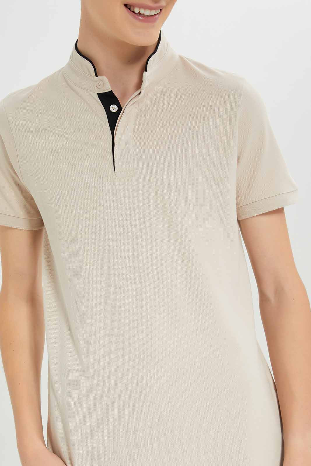 Redtag-Boys-Beige-Mandarin-Collar-Polo-BSR-Polo-T-Shirts,-Category:Polo-T-Shirts,-Colour:Beige,-Deals:New-In,-Dept:Boys,-Filter:Senior-Boys-(8-to-14-Yrs),-New-In-BSR-APL,-Non-Sale,-S23A,-Section:Boys-(0-to-14Yrs),-TBL-Senior-Boys-9 to 14 Years