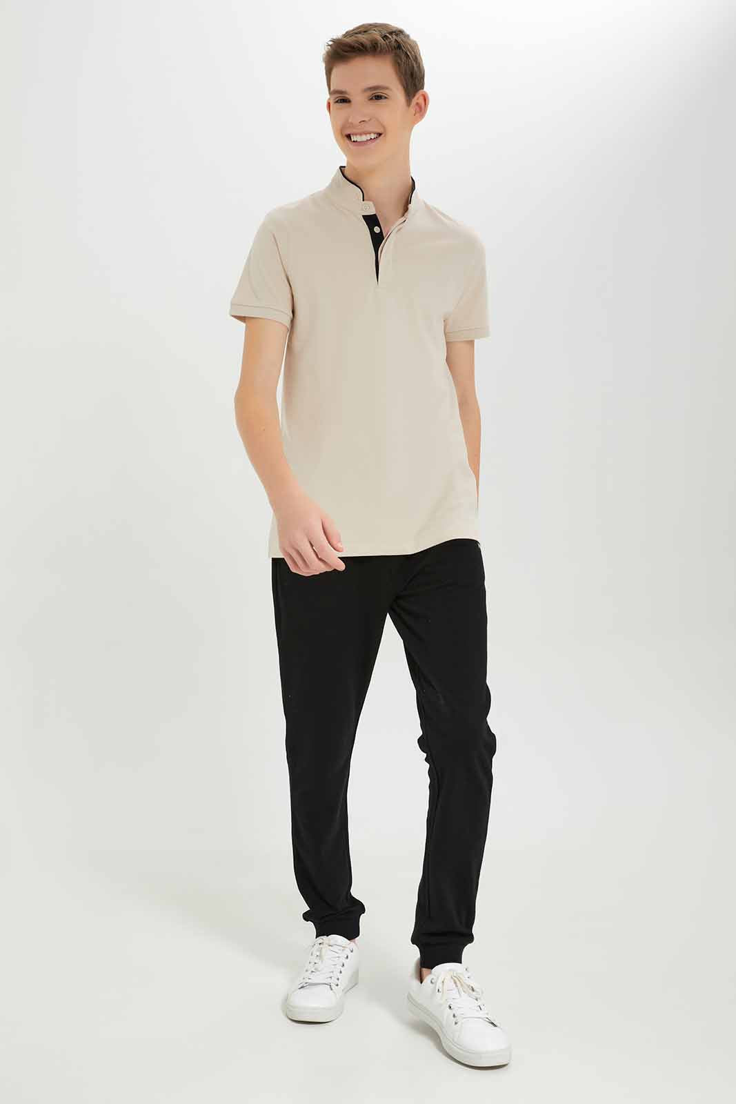 Redtag-Boys-Beige-Mandarin-Collar-Polo-BSR-Polo-T-Shirts,-Category:Polo-T-Shirts,-Colour:Beige,-Deals:New-In,-Dept:Boys,-Filter:Senior-Boys-(8-to-14-Yrs),-New-In-BSR-APL,-Non-Sale,-S23A,-Section:Boys-(0-to-14Yrs),-TBL-Senior-Boys-9 to 14 Years