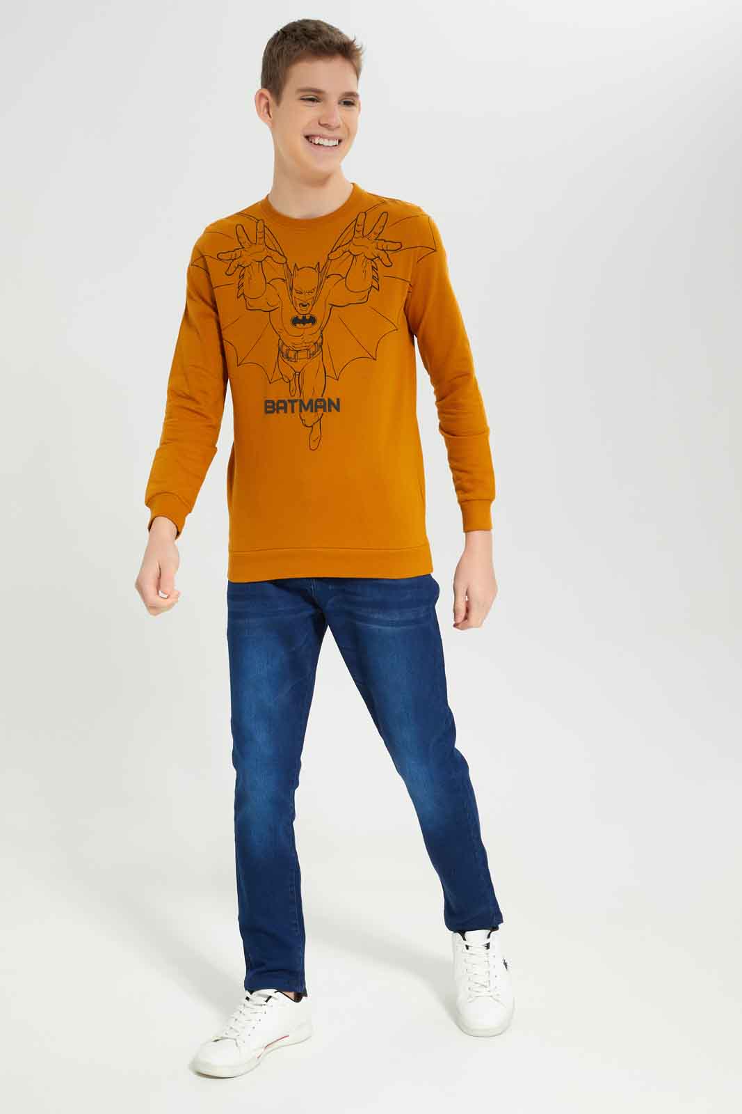 Redtag-Boys-Mustard-Batman-Sweatshirt-BSR-Sweatshirts,-Category:Sweatshirts,-Colour:Mustard,-Deals:New-In,-Dept:Boys,-Filter:Senior-Boys-(8-to-14-Yrs),-New-In-BSR-APL,-Non-Sale,-S23A,-Section:Boys-(0-to-14Yrs),-TBL-Senior-Boys-9 to 14 Years
