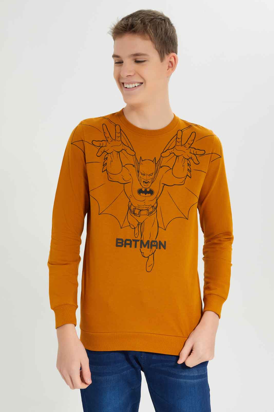 Redtag-Boys-Mustard-Batman-Sweatshirt-BSR-Sweatshirts,-Category:Sweatshirts,-Colour:Mustard,-Deals:New-In,-Dept:Boys,-Filter:Senior-Boys-(8-to-14-Yrs),-New-In-BSR-APL,-Non-Sale,-S23A,-Section:Boys-(0-to-14Yrs),-TBL-Senior-Boys-9 to 14 Years